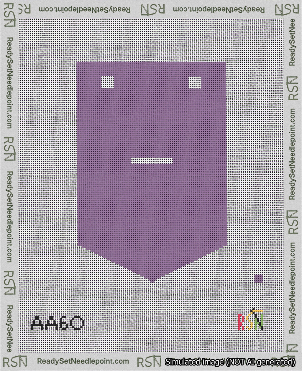 A taped needlepoint canvas with the design: Banner 18 mesh count Pointed Dash White on Purple.