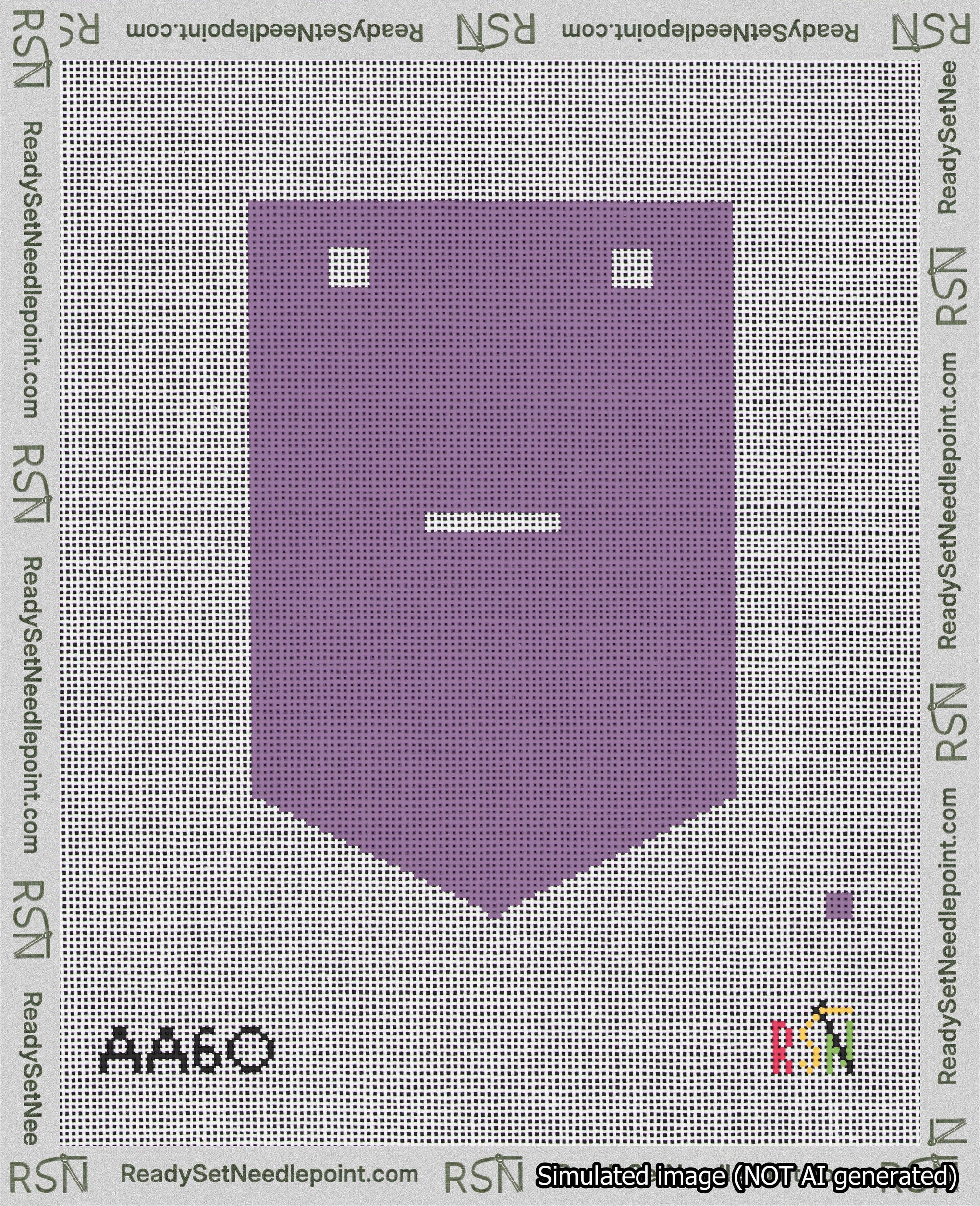 A taped needlepoint canvas with the design: Banner 18 mesh count Pointed Dash White on Purple.