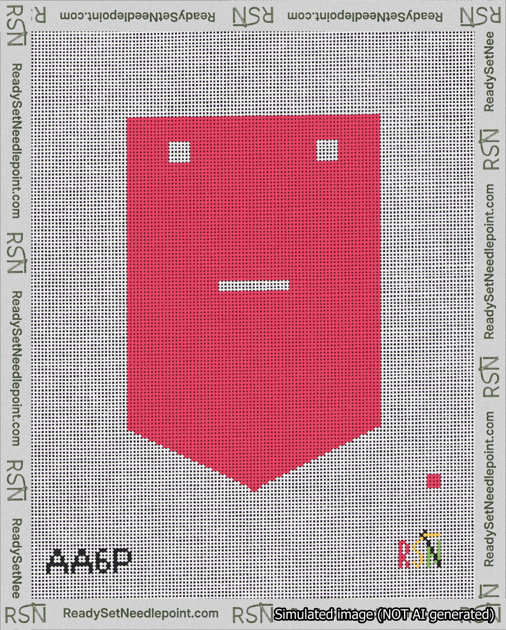 A taped needlepoint canvas with the design: Banner 18 mesh count Pointed Dash White on Red.