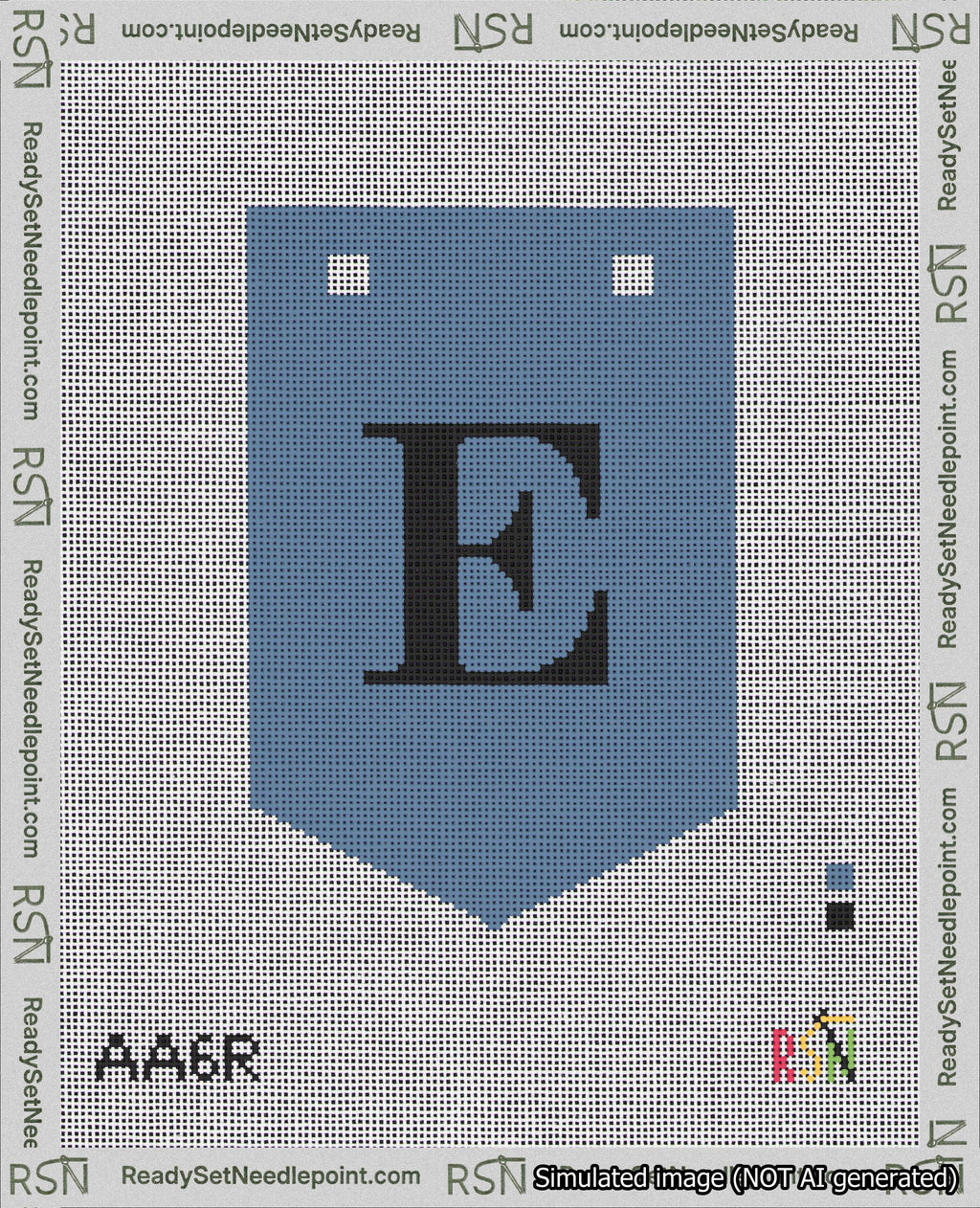 A taped needlepoint canvas with the design: Banner 18 mesh count Pointed E Black on Blue.