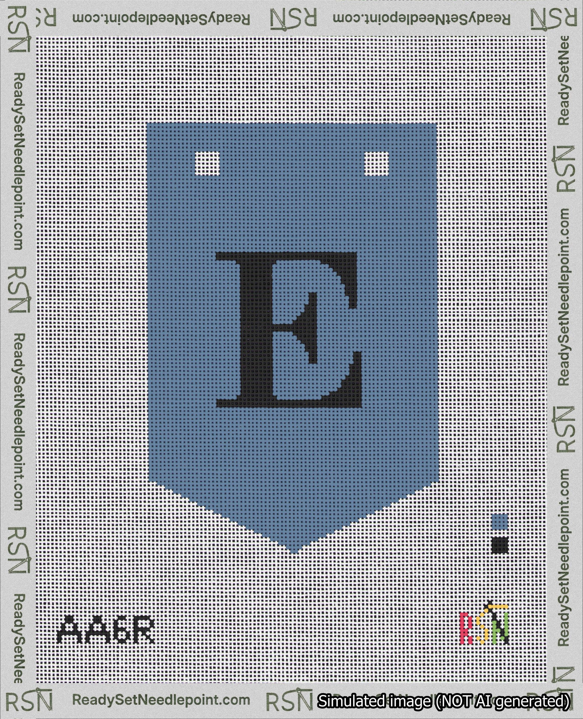 A taped needlepoint canvas with the design: Banner 18 mesh count Pointed E Black on Blue.