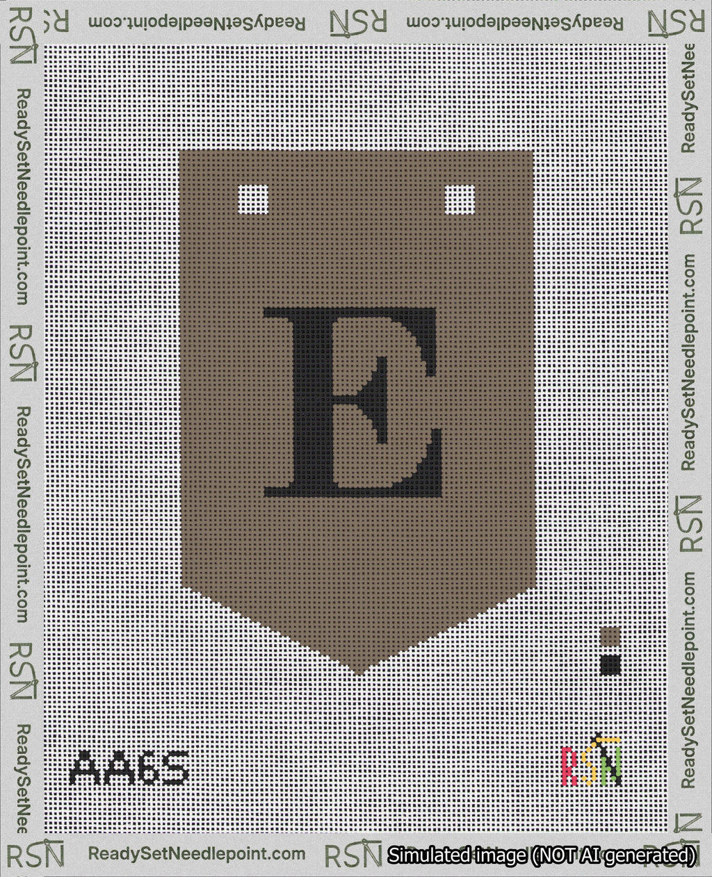 A taped needlepoint canvas with the design: Banner 18 mesh count Pointed E Black on Brown.