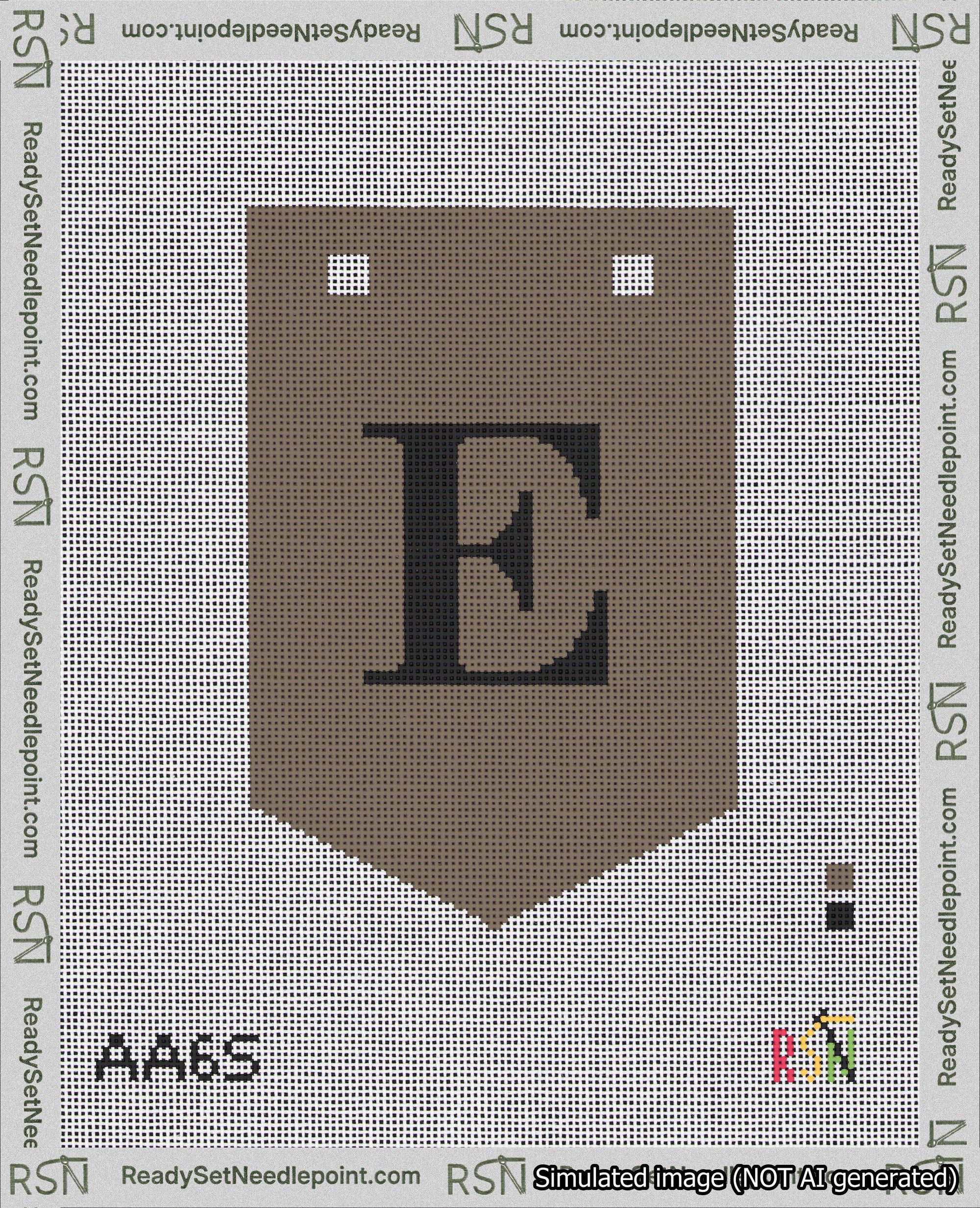 A taped needlepoint canvas with the design: Banner 18 mesh count Pointed E Black on Brown.