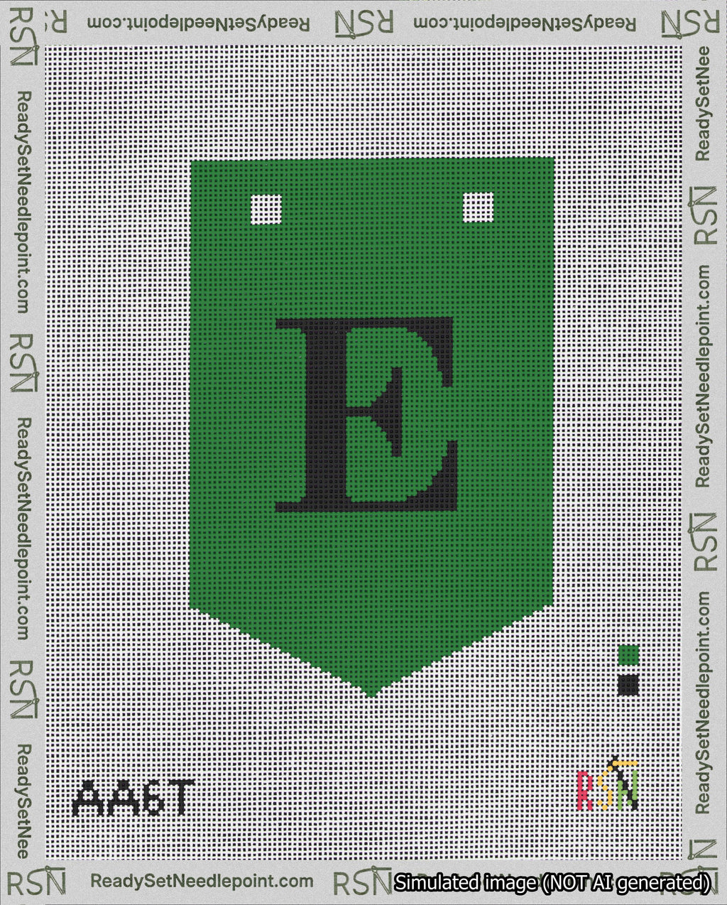 A taped needlepoint canvas with the design: Banner 18 mesh count Pointed E Black on Green.