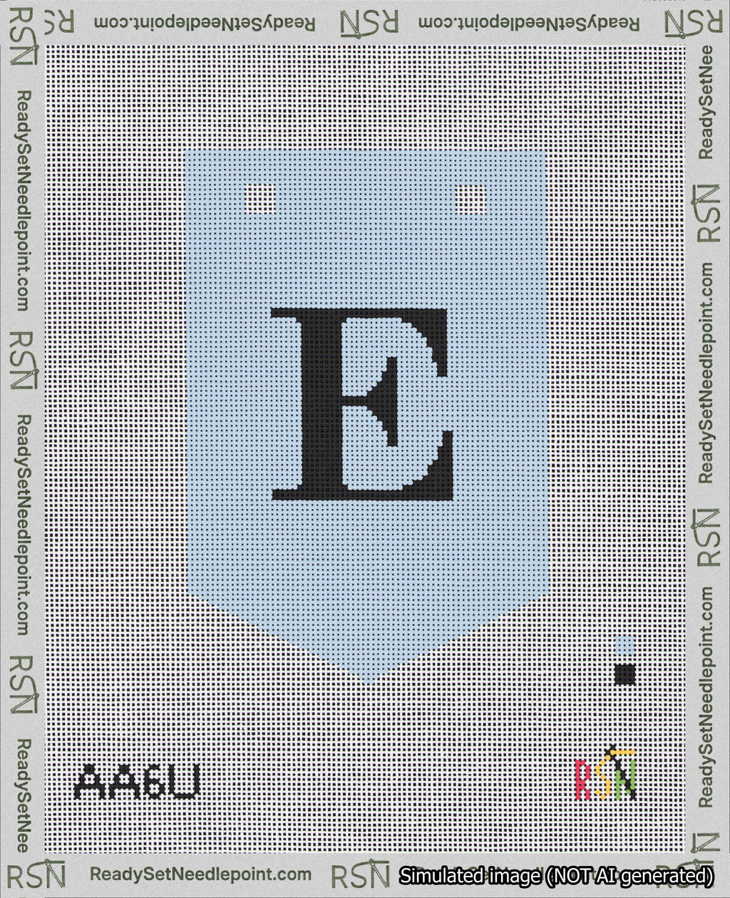 A taped needlepoint canvas with the design: Banner 18 mesh count Pointed E Black on Light Blue.