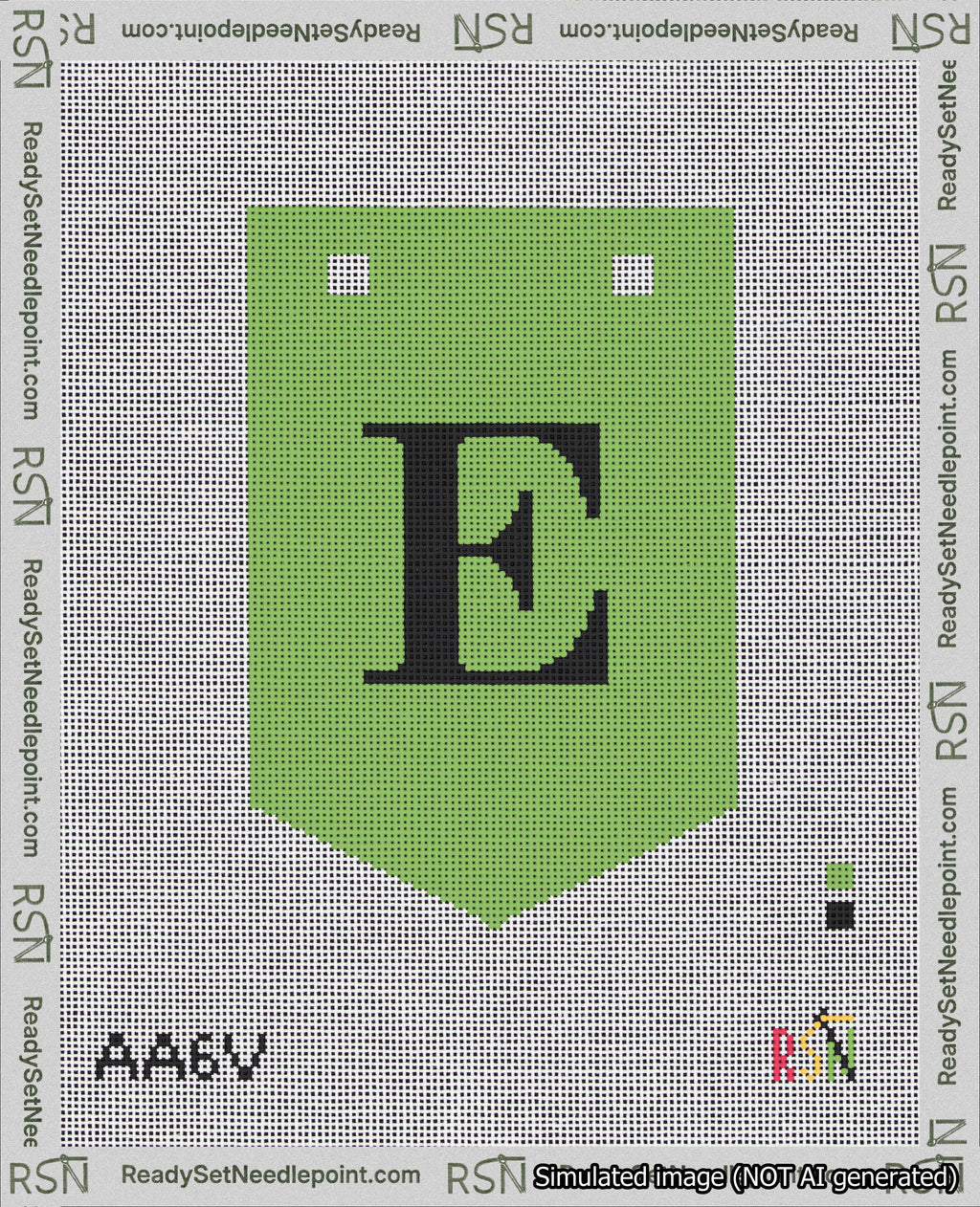A taped needlepoint canvas with the design: Banner 18 mesh count Pointed E Black on Light Green.