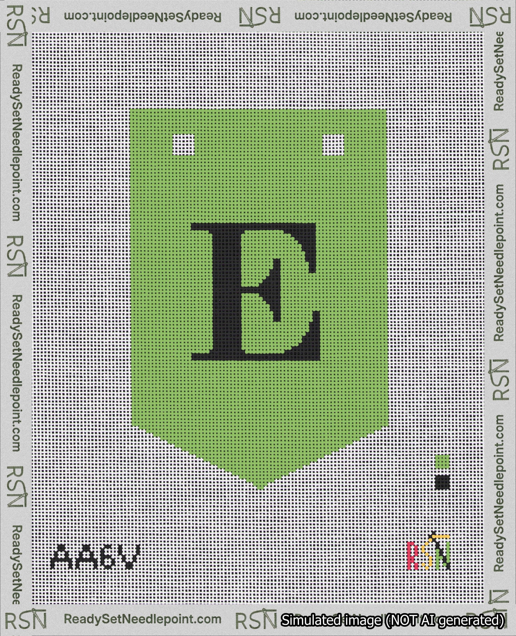 A taped needlepoint canvas with the design: Banner 18 mesh count Pointed E Black on Light Green.