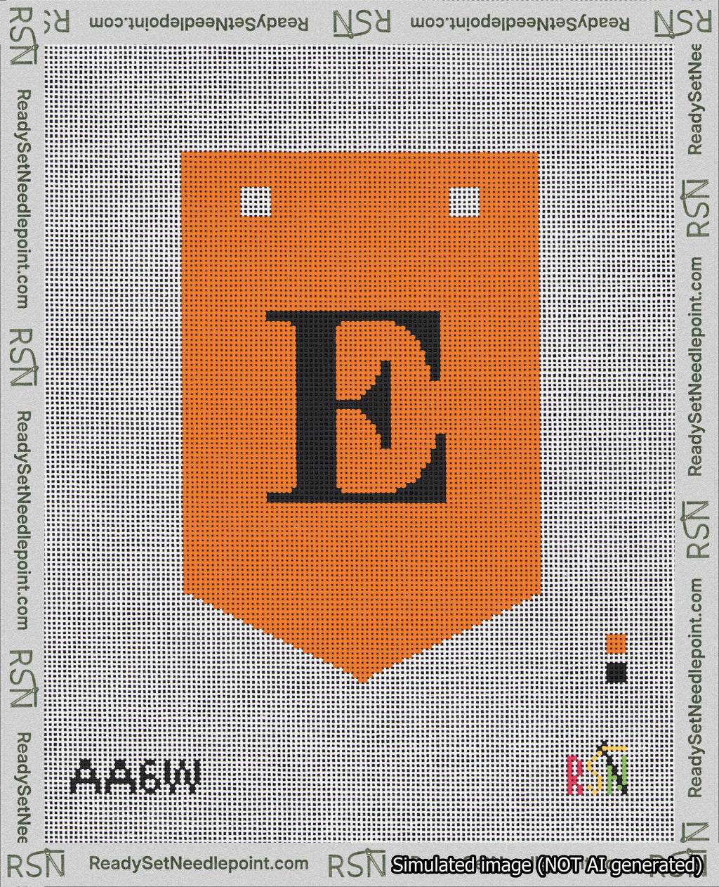 A taped needlepoint canvas with the design: Banner 18 mesh count Pointed E Black on Orange.