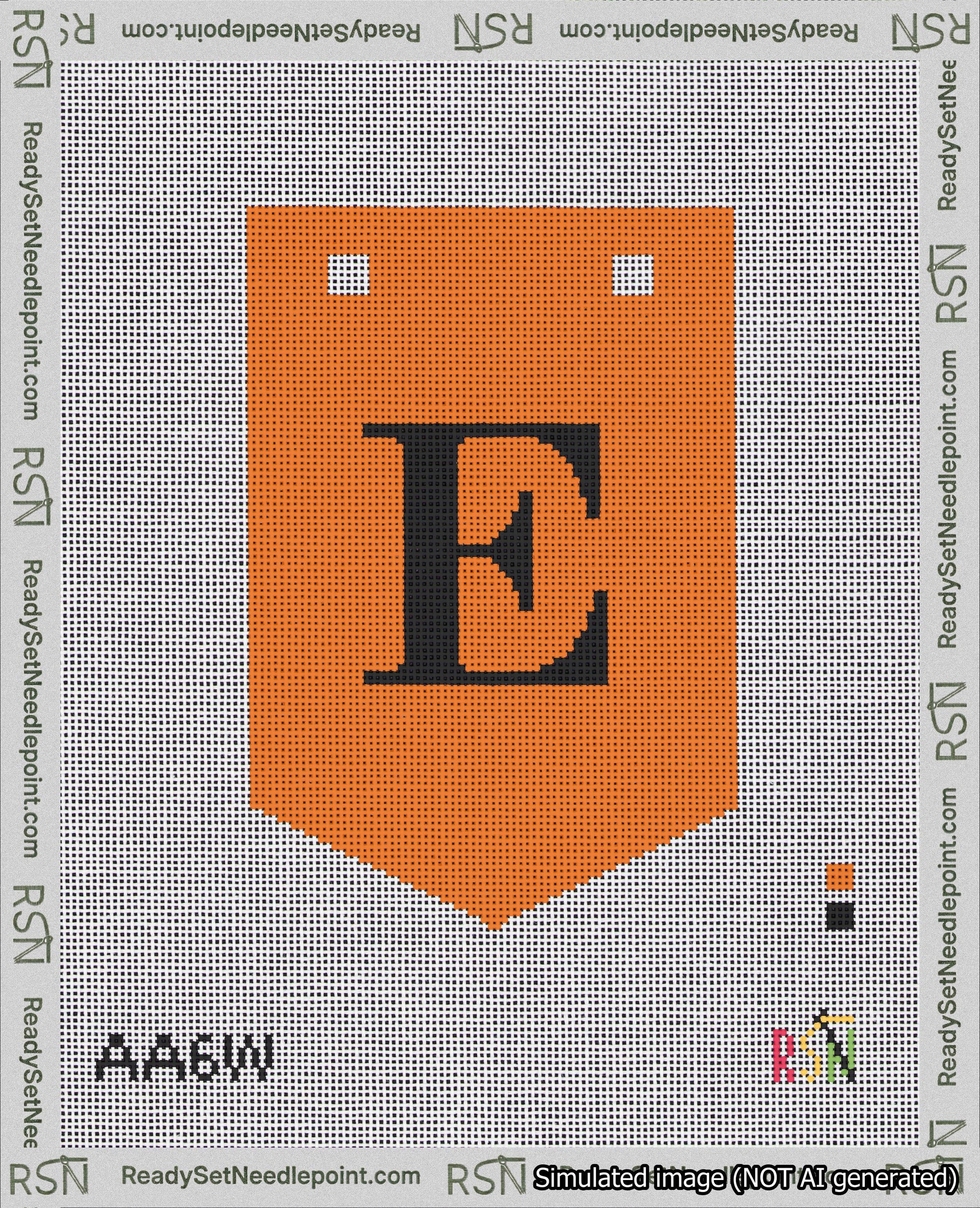 A taped needlepoint canvas with the design: Banner 18 mesh count Pointed E Black on Orange.