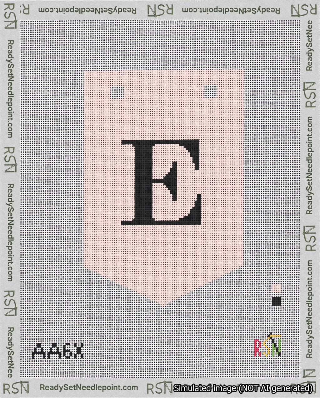 A taped needlepoint canvas with the design: Banner 18 mesh count Pointed E Black on Pink.