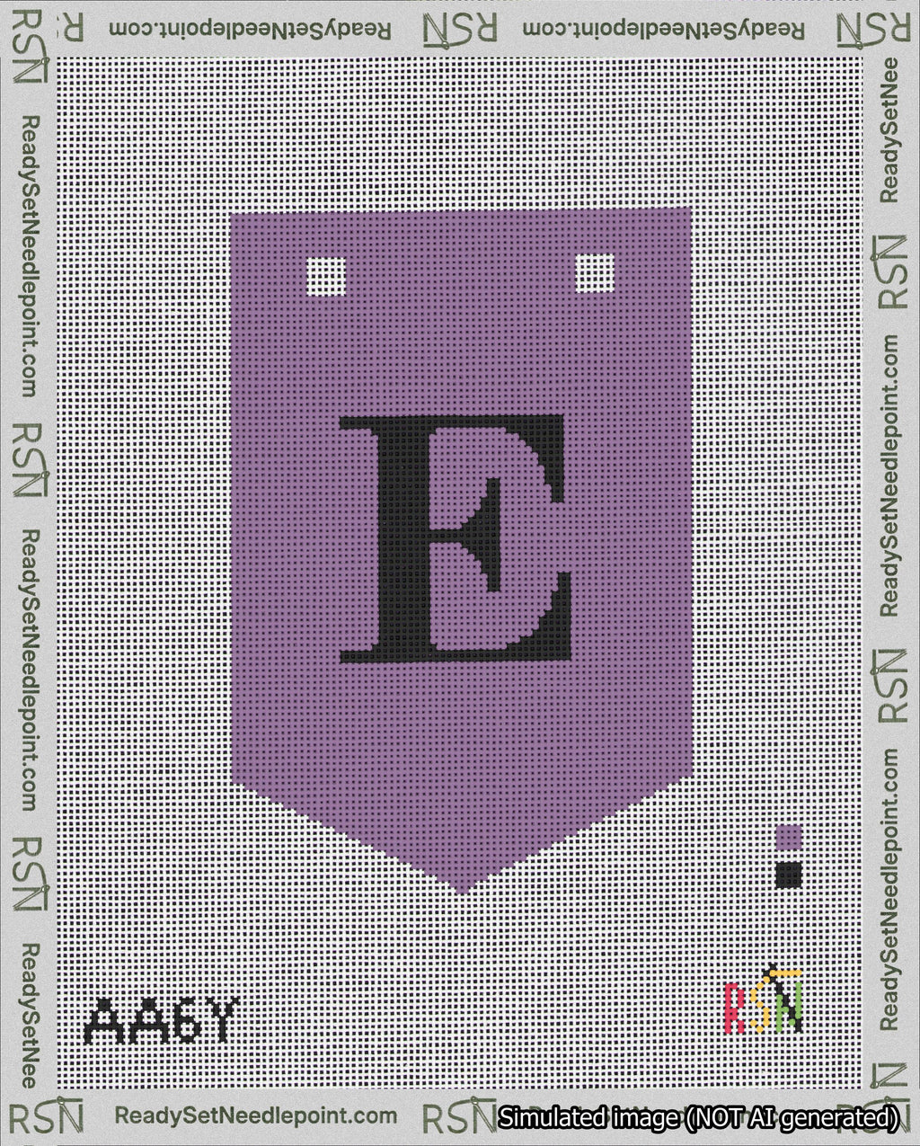 A taped needlepoint canvas with the design: Banner 18 mesh count Pointed E Black on Purple.