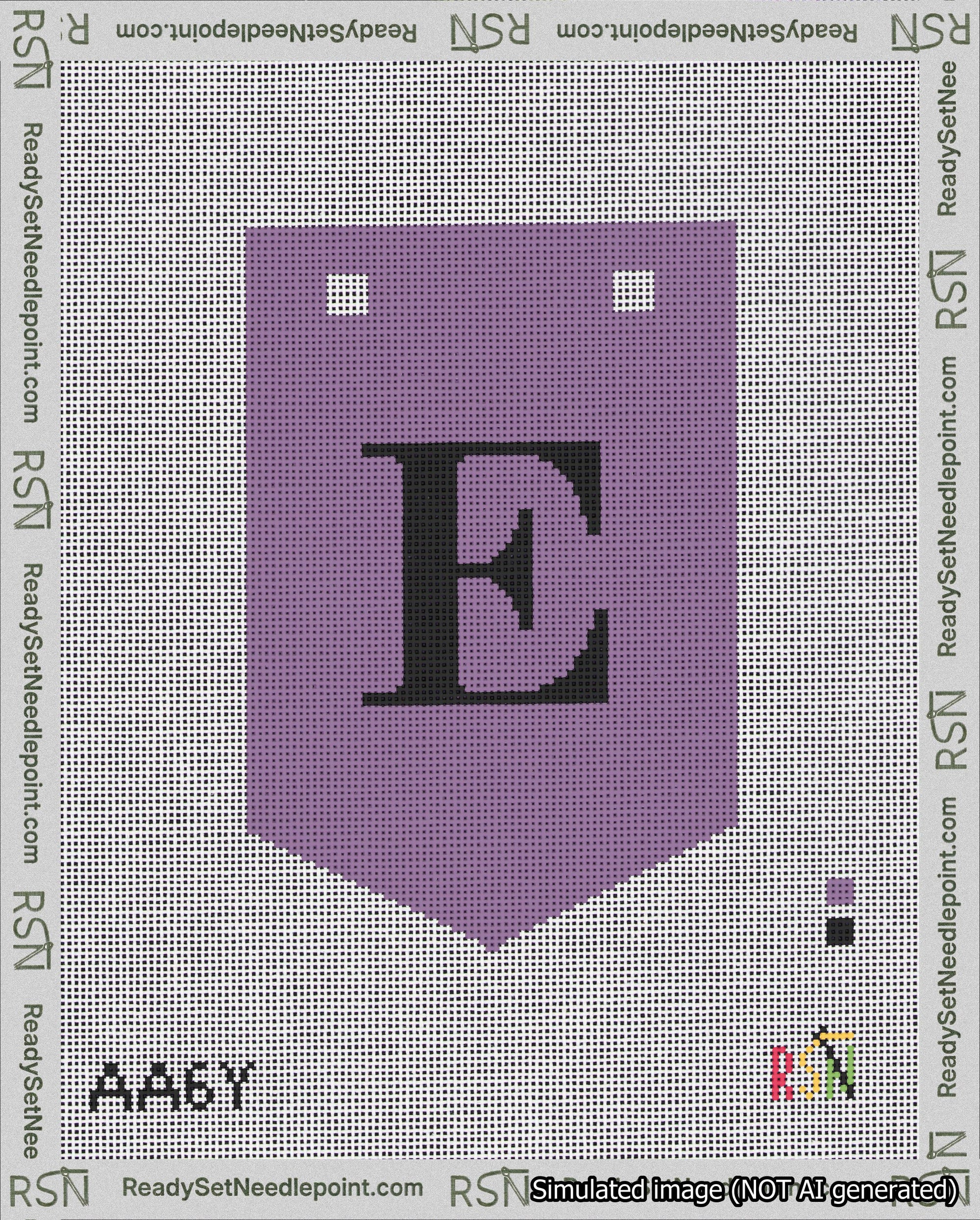A taped needlepoint canvas with the design: Banner 18 mesh count Pointed E Black on Purple.