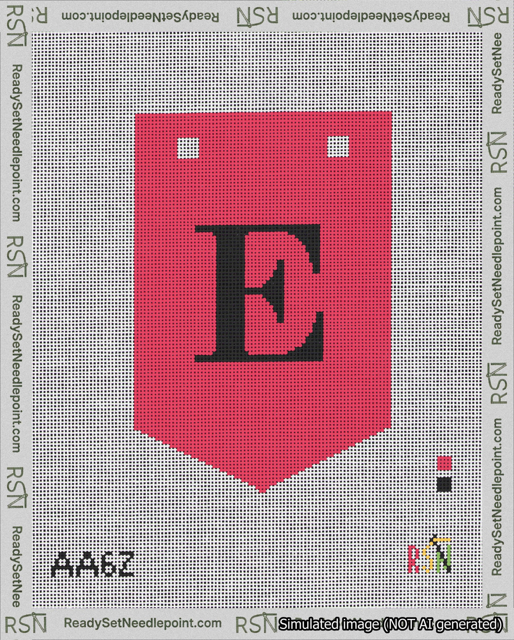 A taped needlepoint canvas with the design: Banner 18 mesh count Pointed E Black on Red.