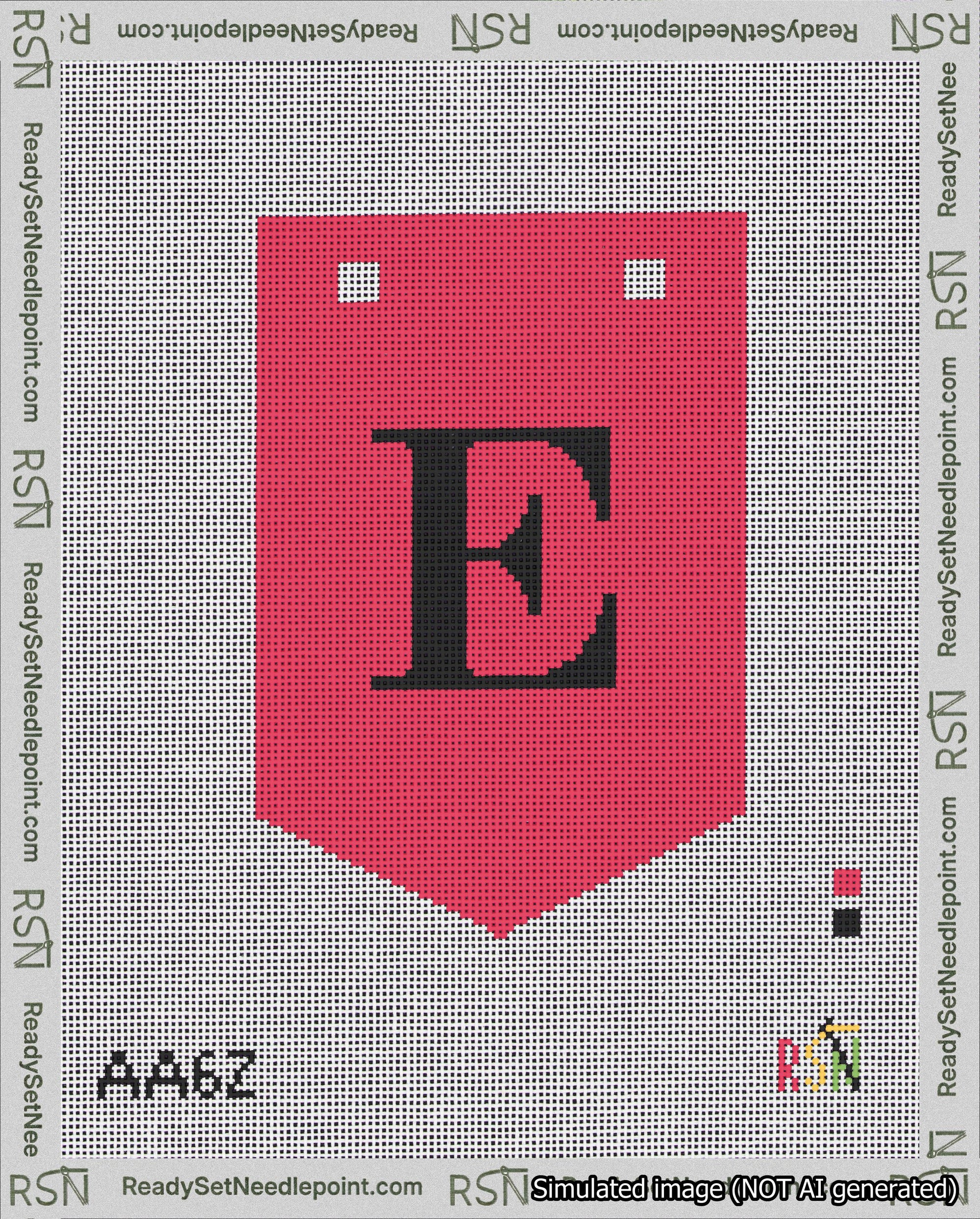 A taped needlepoint canvas with the design: Banner 18 mesh count Pointed E Black on Red.