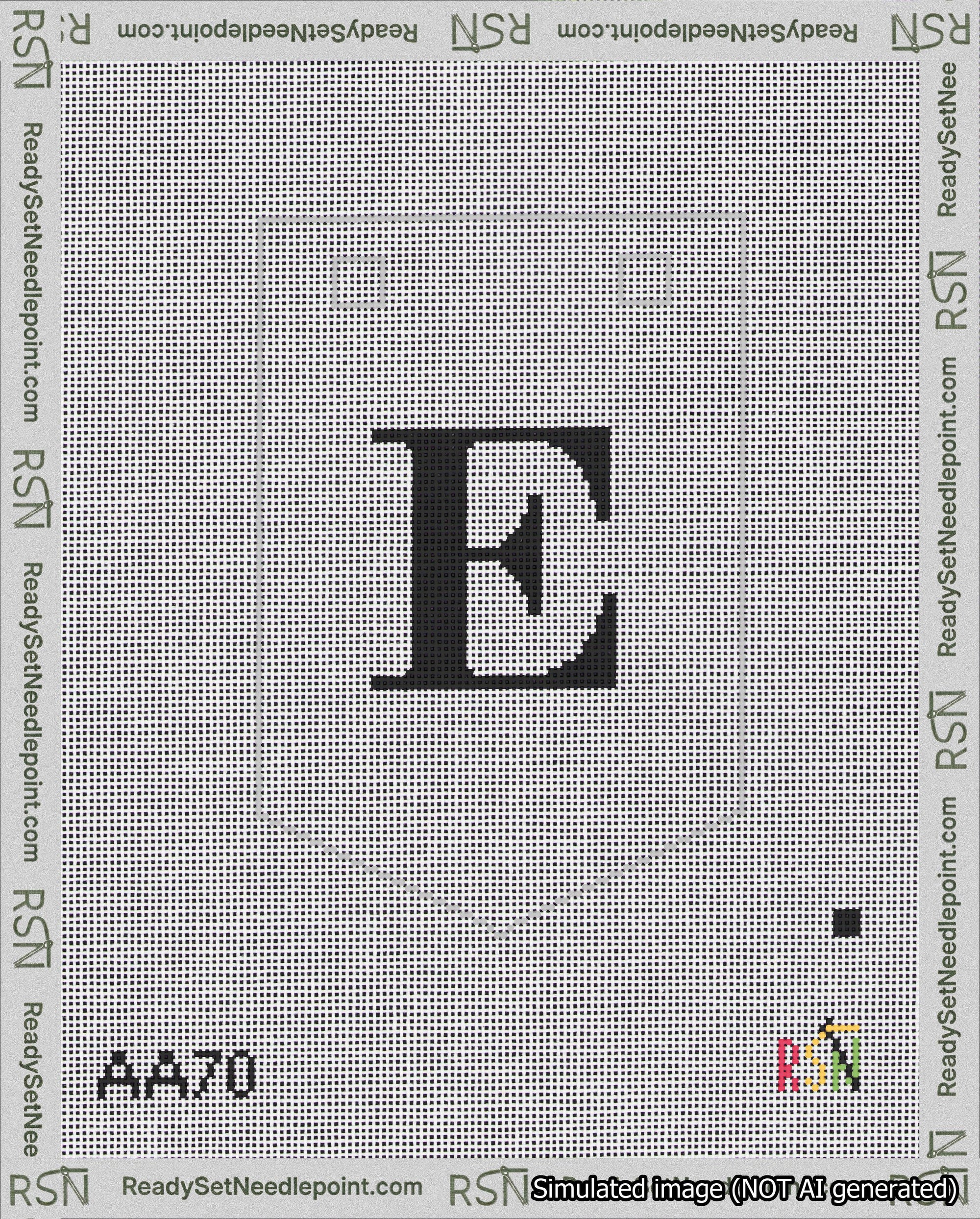 A taped needlepoint canvas with the design: Banner 18 mesh count Pointed E Black on White.