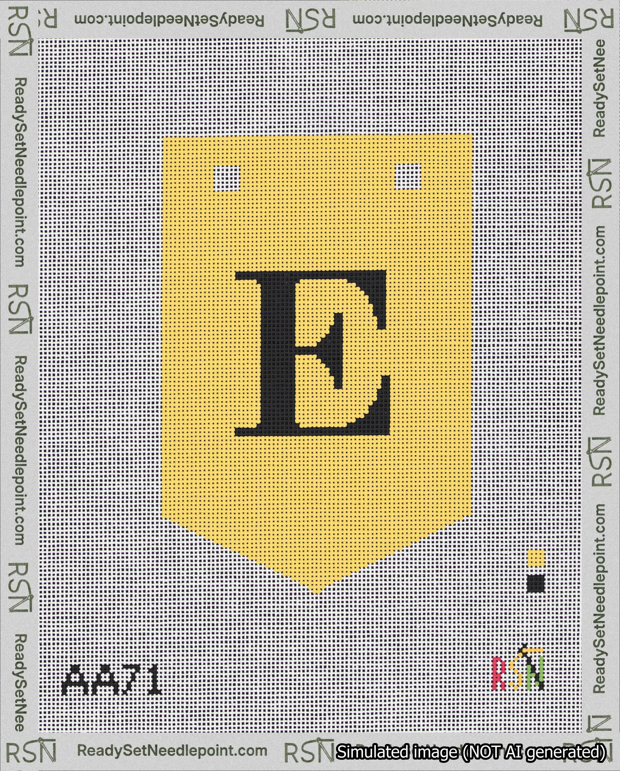 A taped needlepoint canvas with the design: Banner 18 mesh count Pointed E Black on Yellow.
