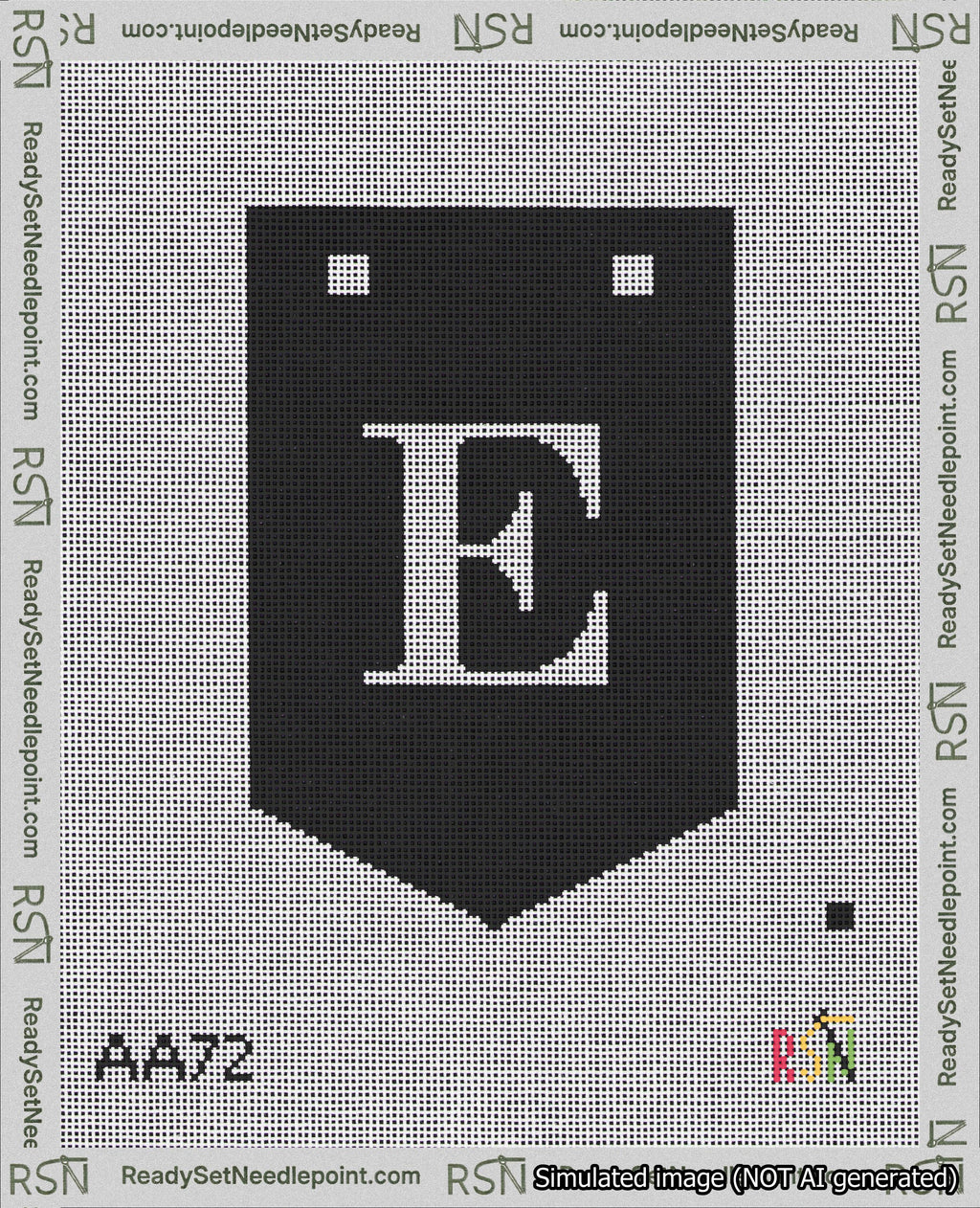 A taped needlepoint canvas with the design: Banner 18 mesh count Pointed E White on Black.