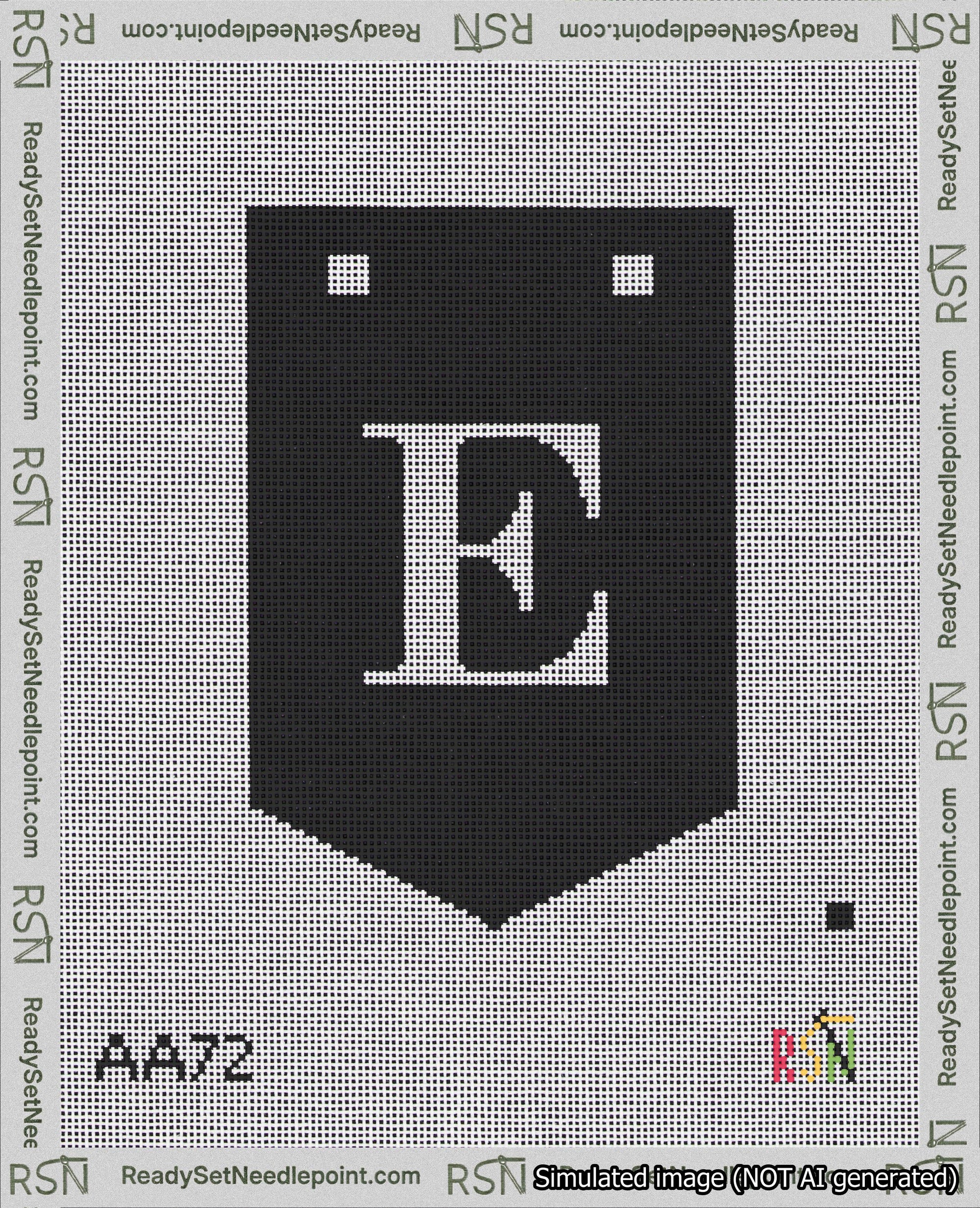 A taped needlepoint canvas with the design: Banner 18 mesh count Pointed E White on Black.