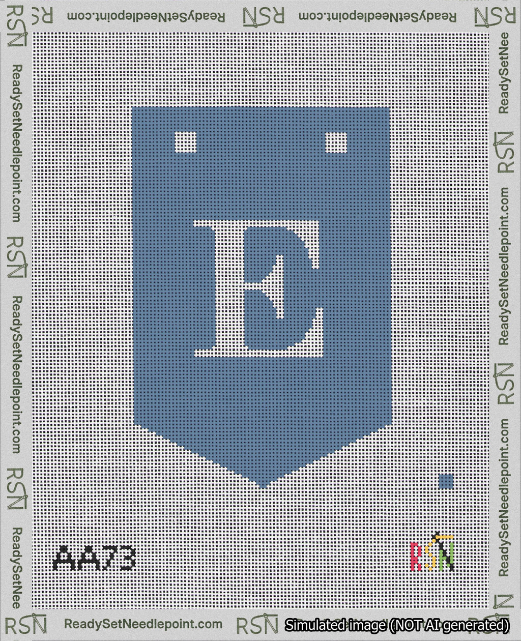 A taped needlepoint canvas with the design: Banner 18 mesh count Pointed E White on Blue.