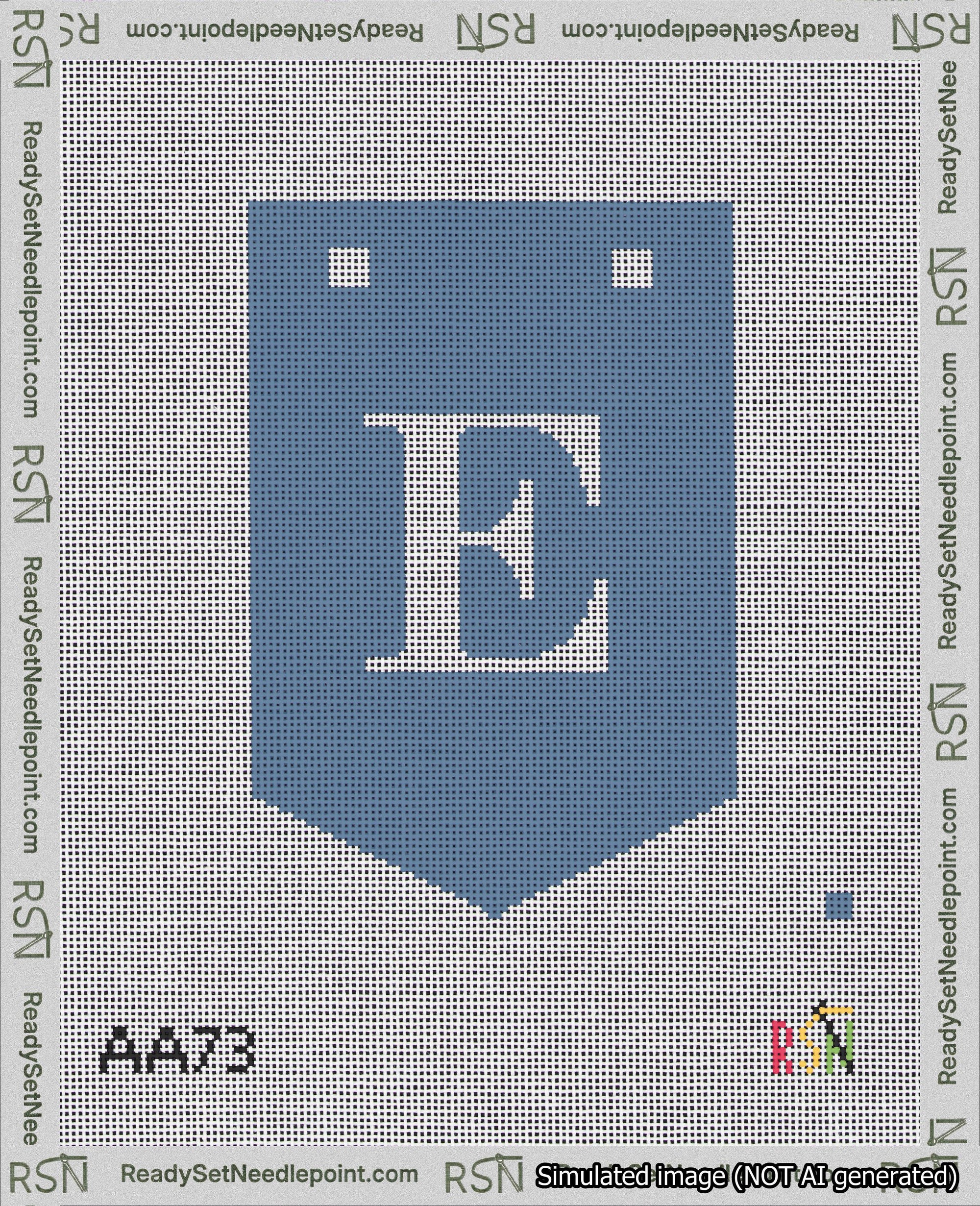 A taped needlepoint canvas with the design: Banner 18 mesh count Pointed E White on Blue.