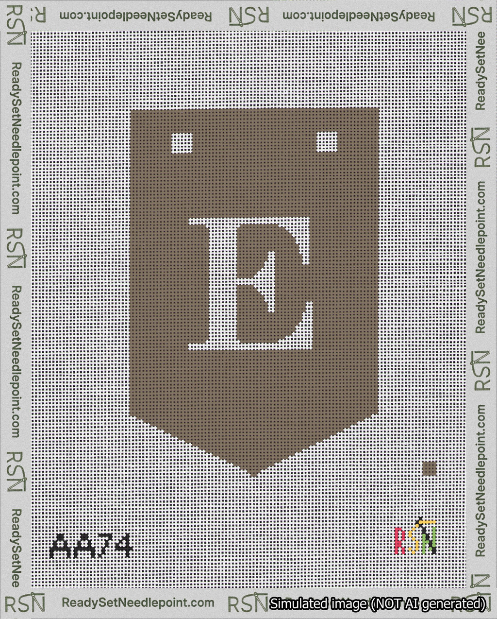A taped needlepoint canvas with the design: Banner 18 mesh count Pointed E White on Brown.