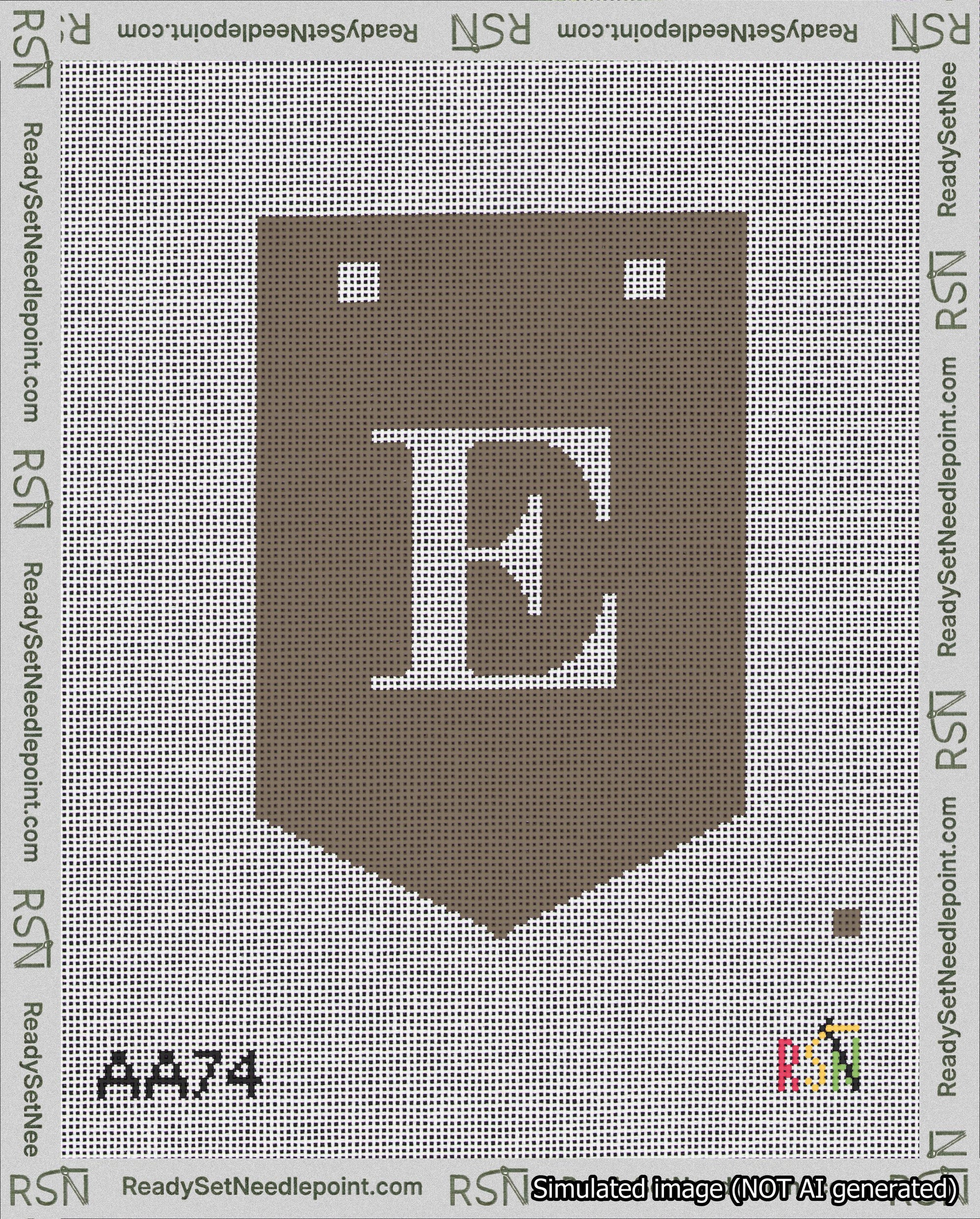 A taped needlepoint canvas with the design: Banner 18 mesh count Pointed E White on Brown.