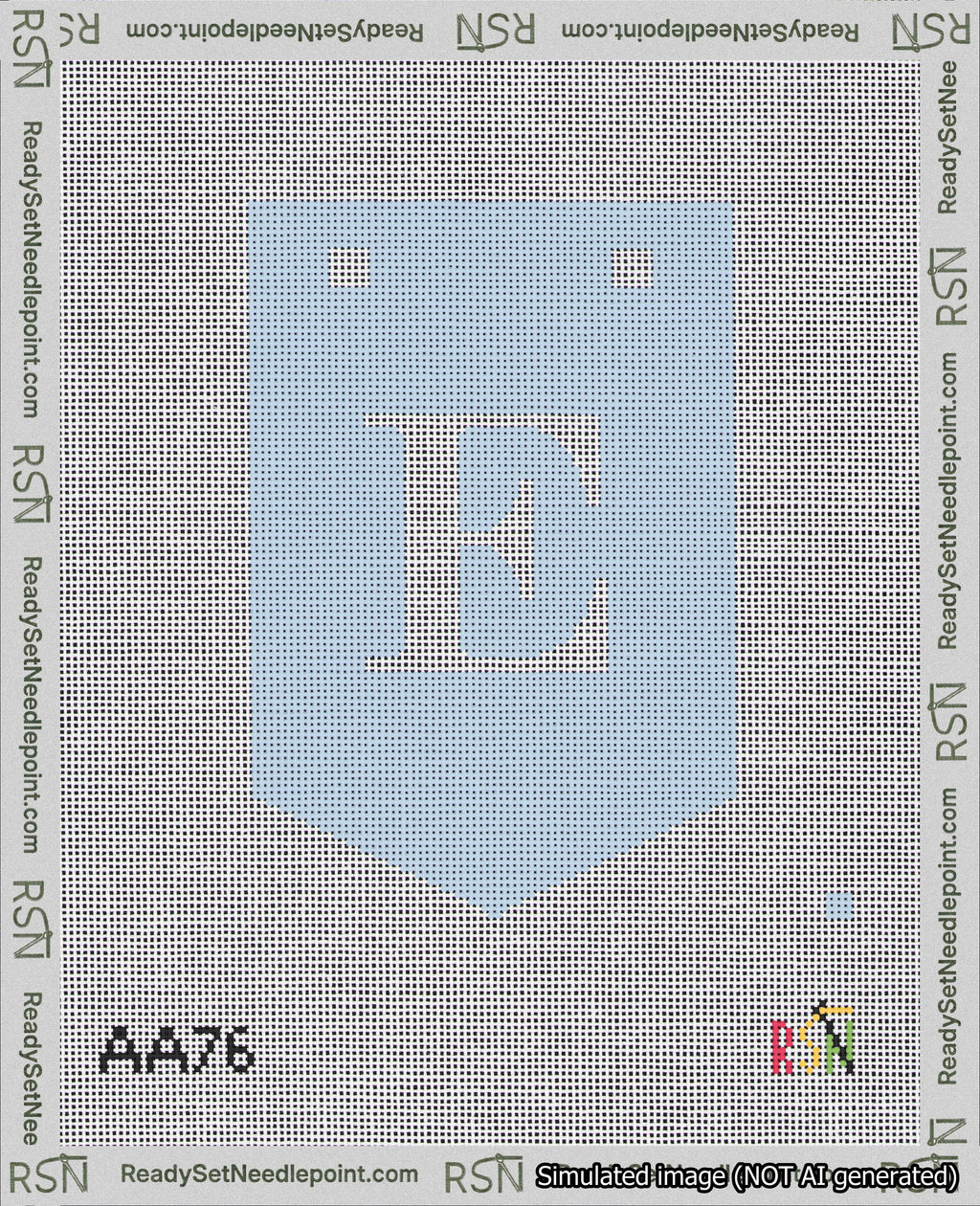 A taped needlepoint canvas with the design: Banner 18 mesh count Pointed E White on Light Blue.