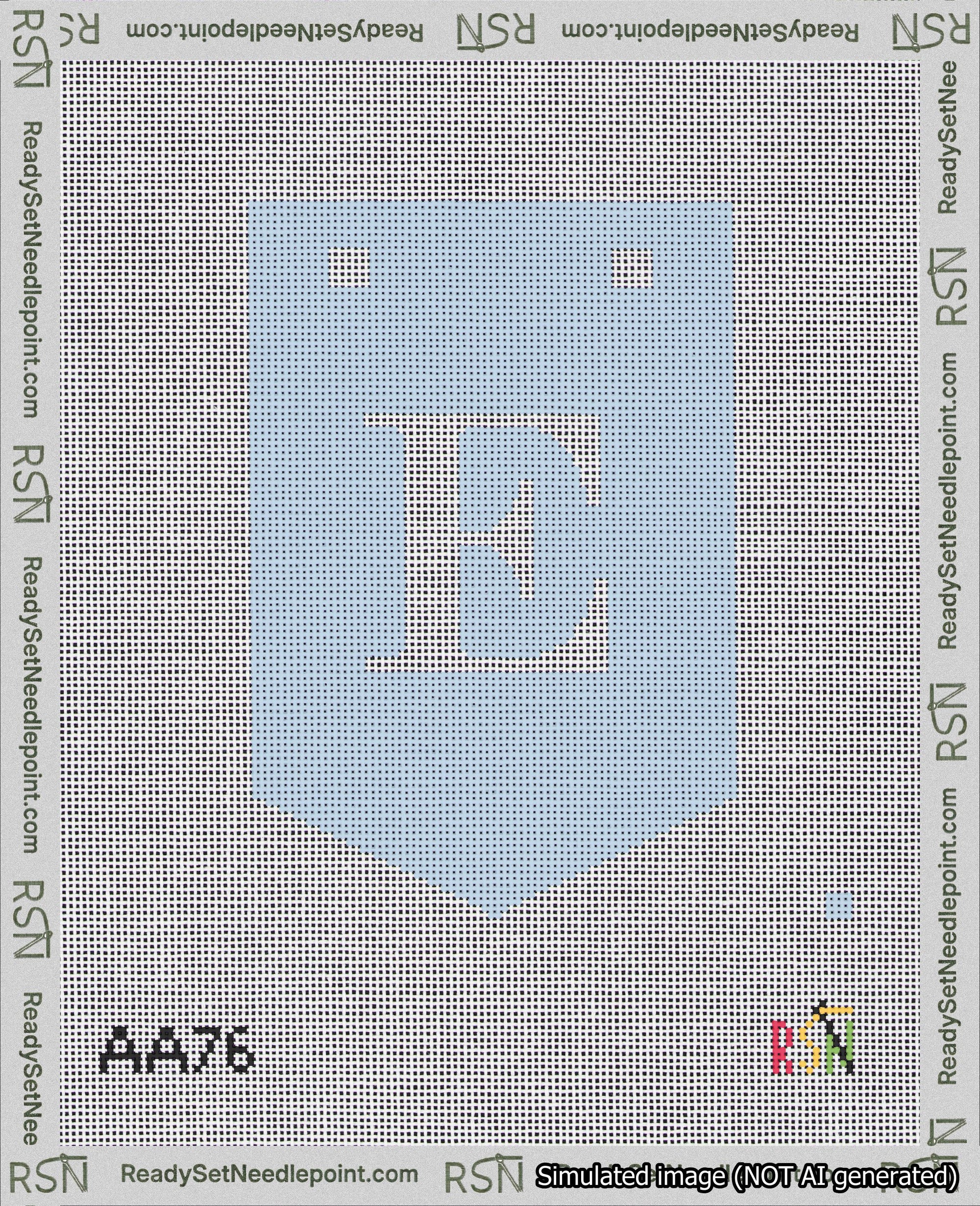 A taped needlepoint canvas with the design: Banner 18 mesh count Pointed E White on Light Blue.