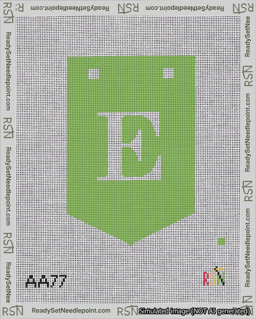 A taped needlepoint canvas with the design: Banner 18 mesh count Pointed E White on Light Green.