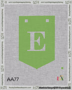 A taped needlepoint canvas with the design: Banner 18 mesh count Pointed E White on Light Green.
