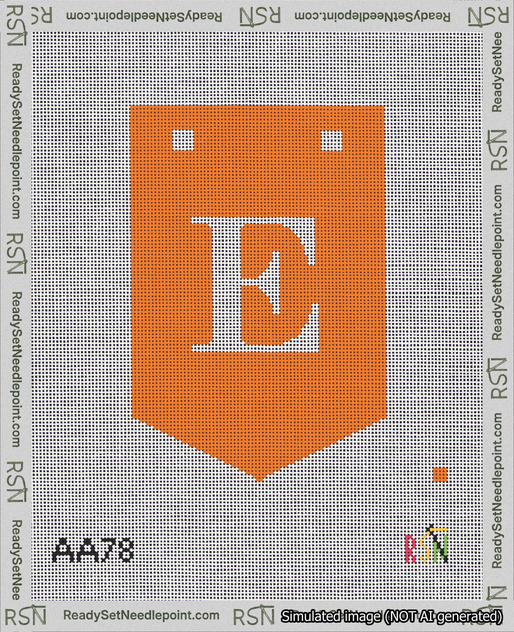 A taped needlepoint canvas with the design: Banner 18 mesh count Pointed E White on Orange.