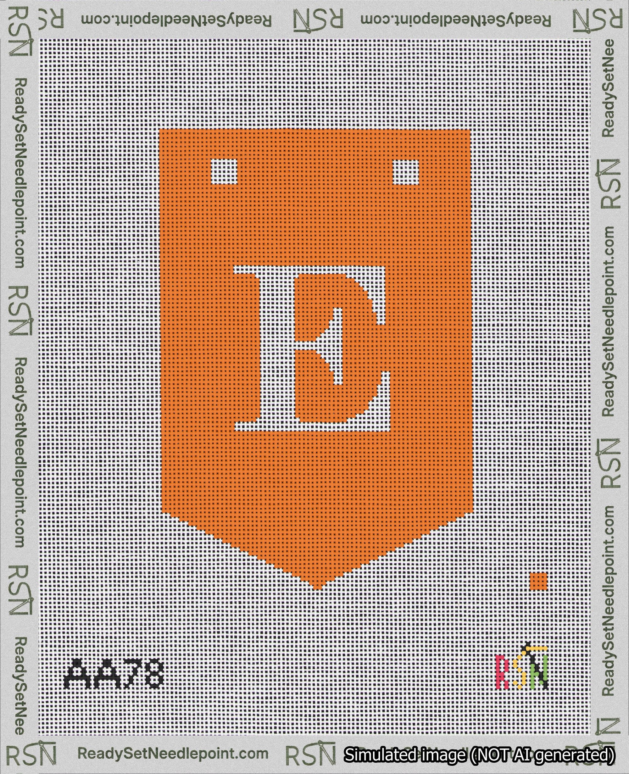 A taped needlepoint canvas with the design: Banner 18 mesh count Pointed E White on Orange.