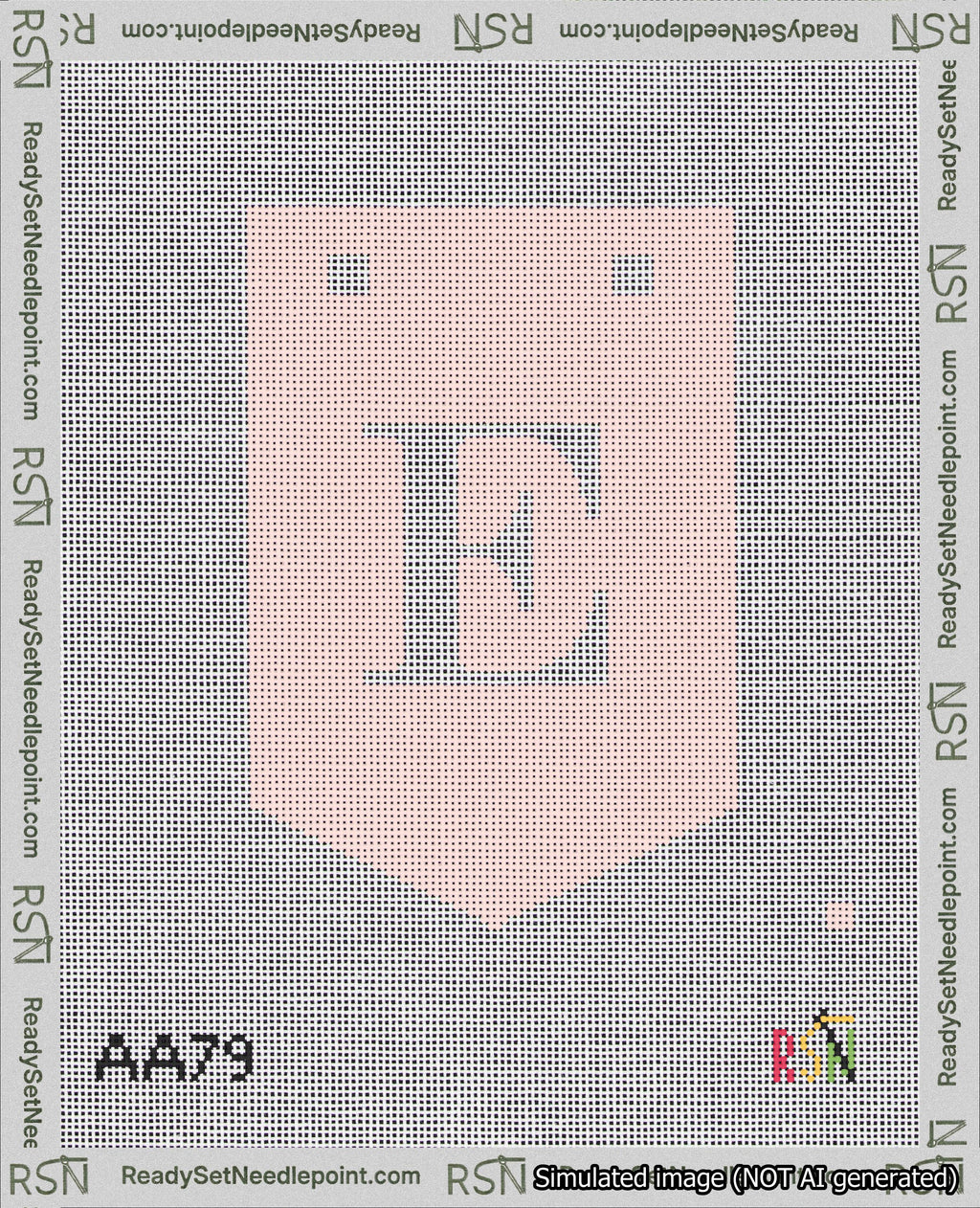 A taped needlepoint canvas with the design: Banner 18 mesh count Pointed E White on Pink.