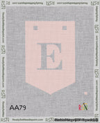 A taped needlepoint canvas with the design: Banner 18 mesh count Pointed E White on Pink.