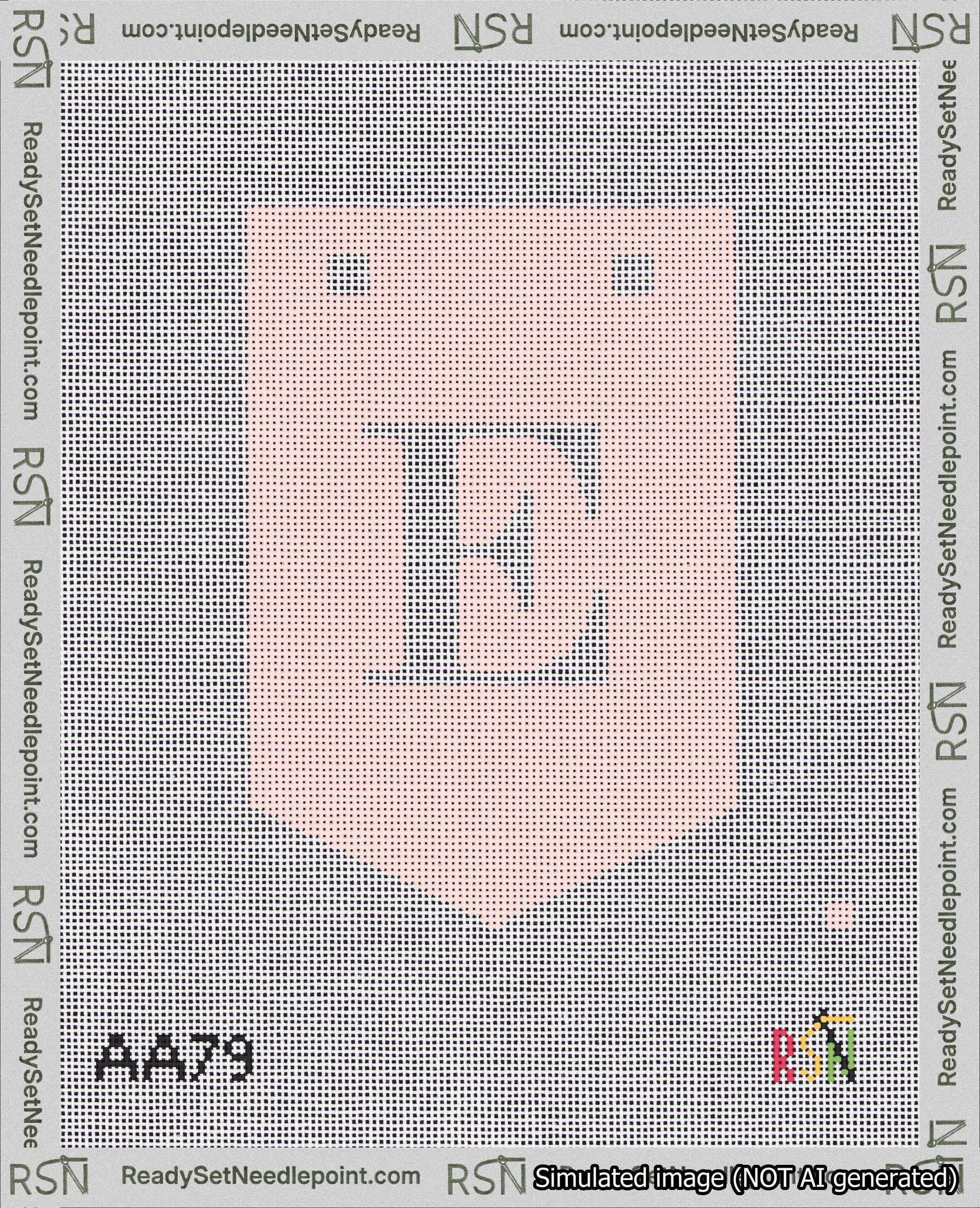 A taped needlepoint canvas with the design: Banner 18 mesh count Pointed E White on Pink.