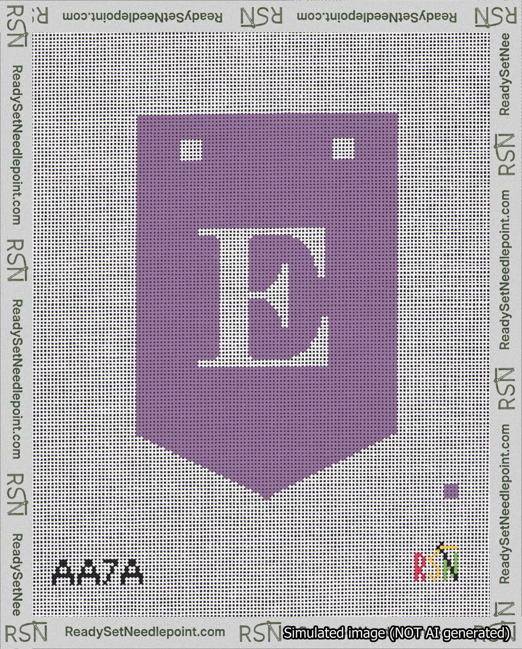 A taped needlepoint canvas with the design: Banner 18 mesh count Pointed E White on Purple.