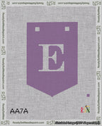 A taped needlepoint canvas with the design: Banner 18 mesh count Pointed E White on Purple.