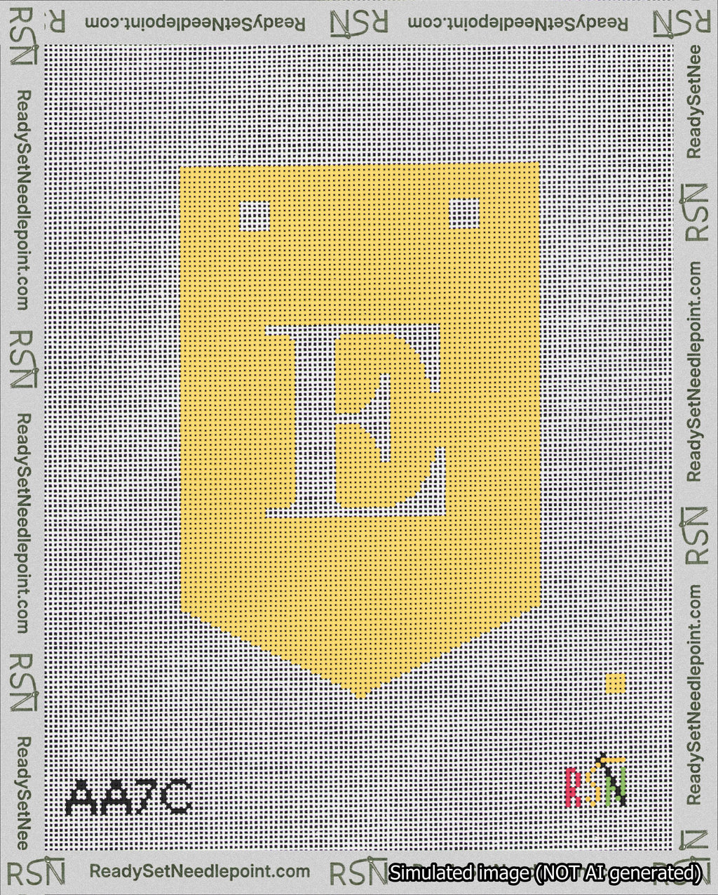 A taped needlepoint canvas with the design: Banner 18 mesh count Pointed E White on Yellow.