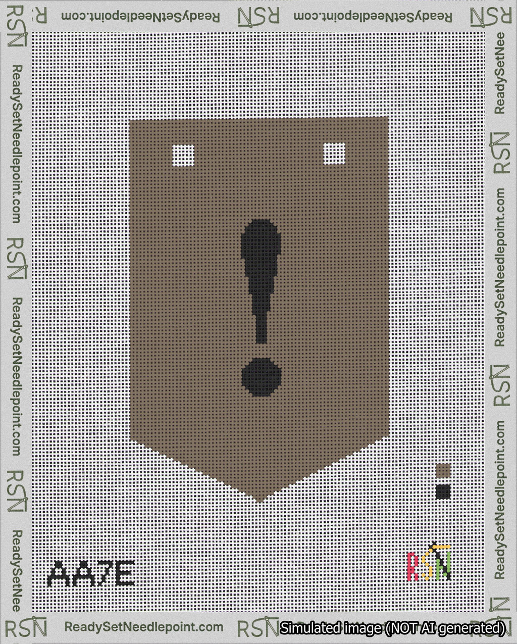 A taped needlepoint canvas with the design: Banner 18 mesh count Pointed Exclamation Black on Brown.