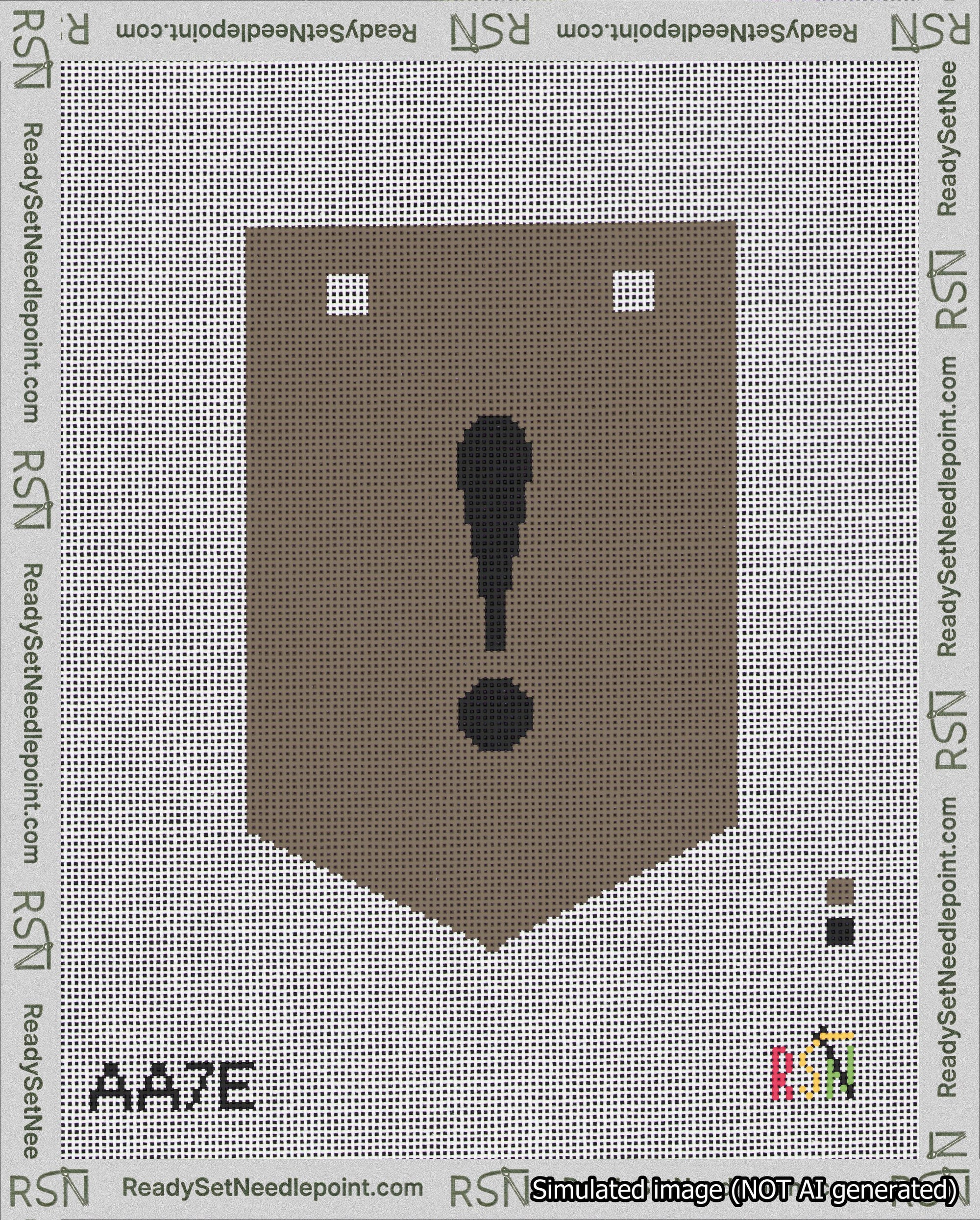 A taped needlepoint canvas with the design: Banner 18 mesh count Pointed Exclamation Black on Brown.