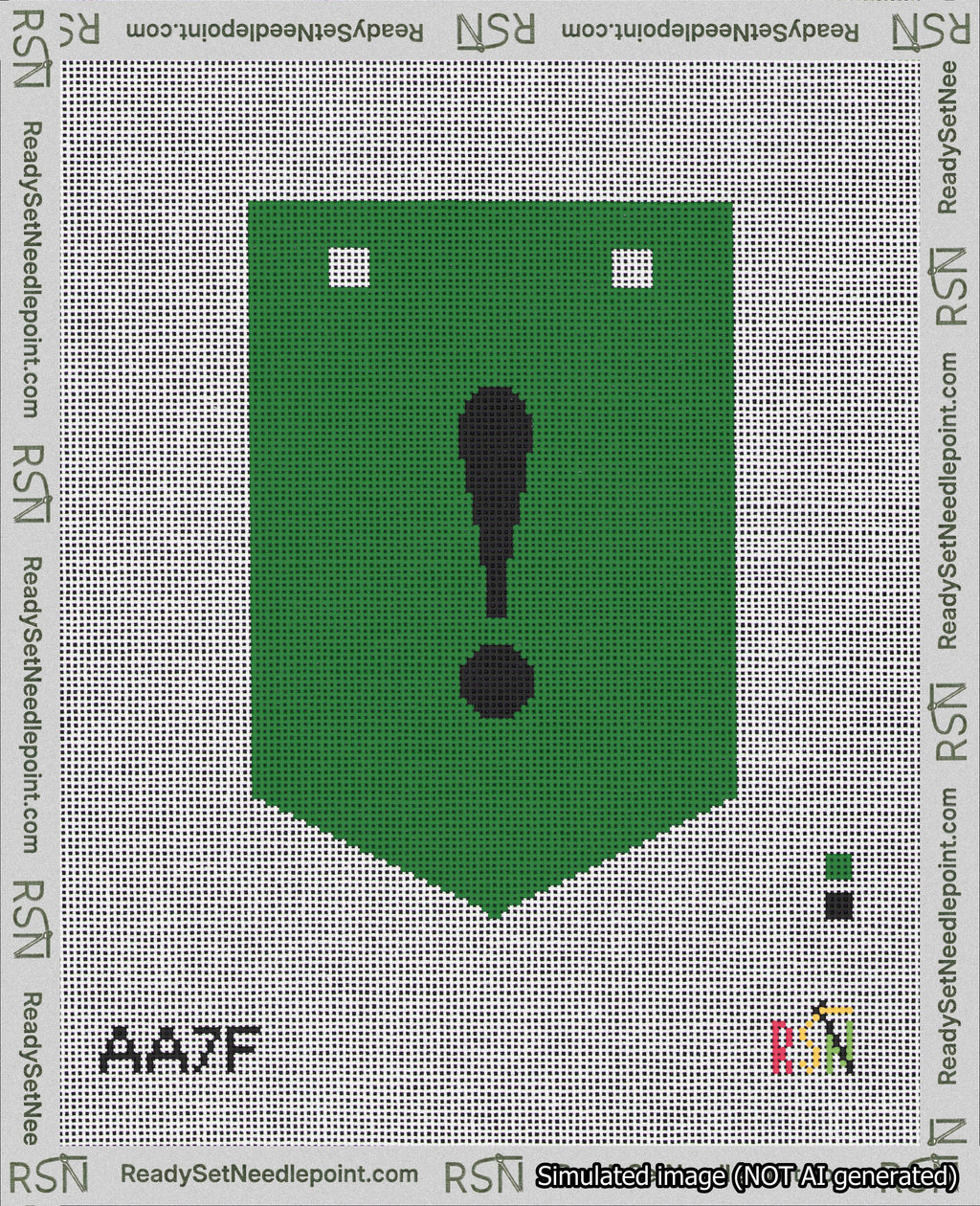 A taped needlepoint canvas with the design: Banner 18 mesh count Pointed Exclamation Black on Green.