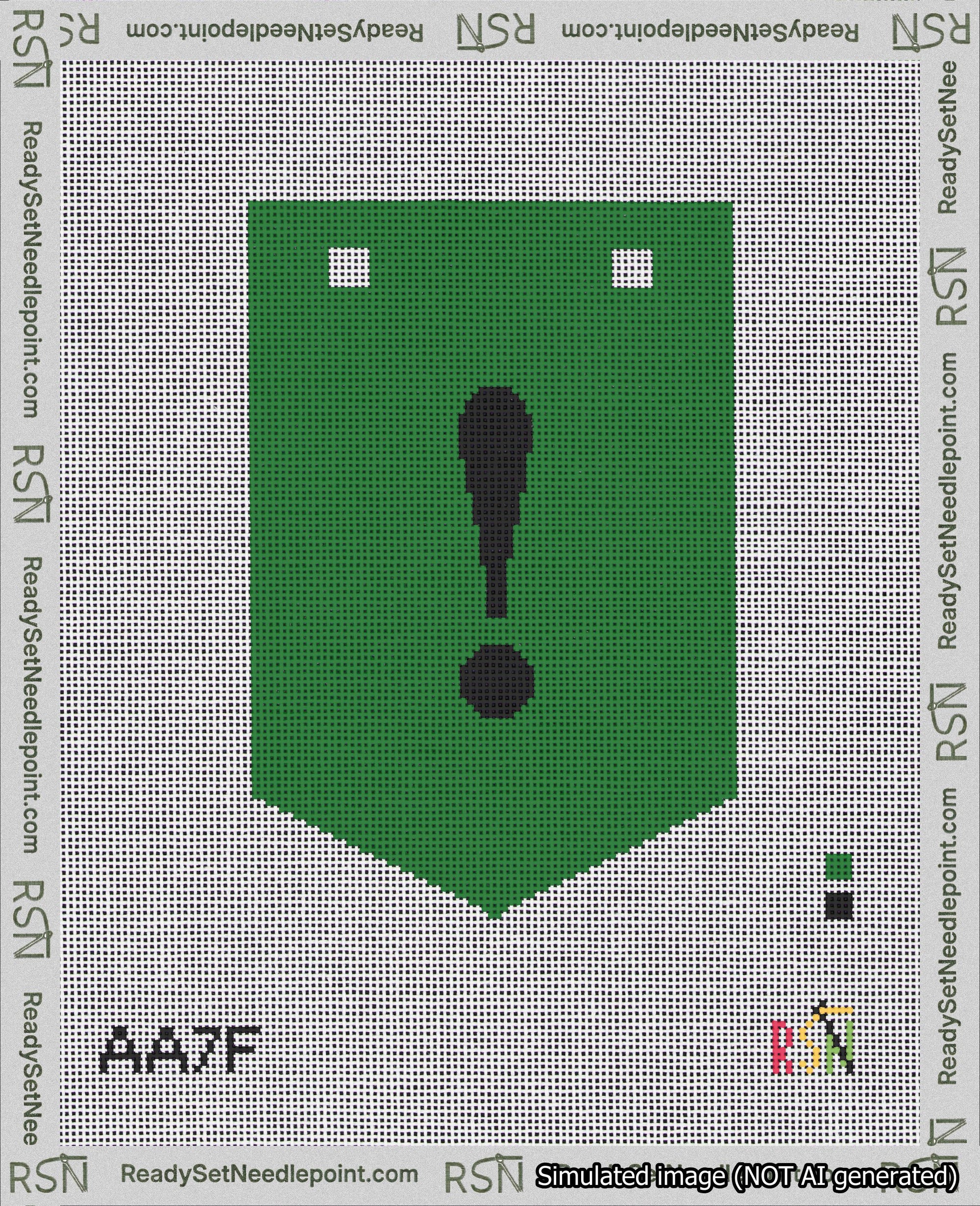 A taped needlepoint canvas with the design: Banner 18 mesh count Pointed Exclamation Black on Green.