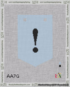 A taped needlepoint canvas with the design: Banner 18 mesh count Pointed Exclamation Black on Light Blue.