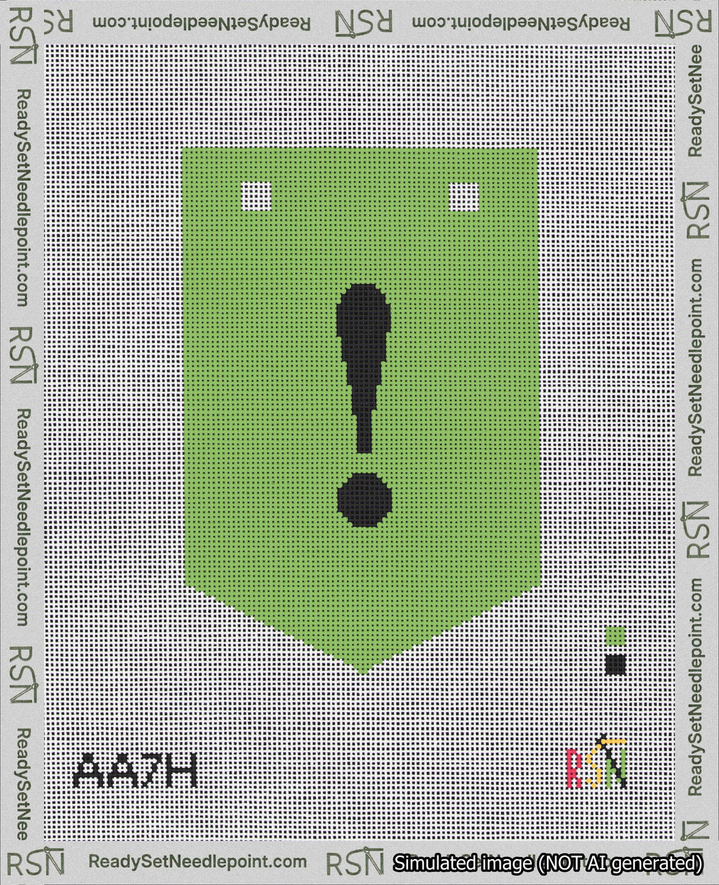 A taped needlepoint canvas with the design: Banner 18 mesh count Pointed Exclamation Black on Light Green.