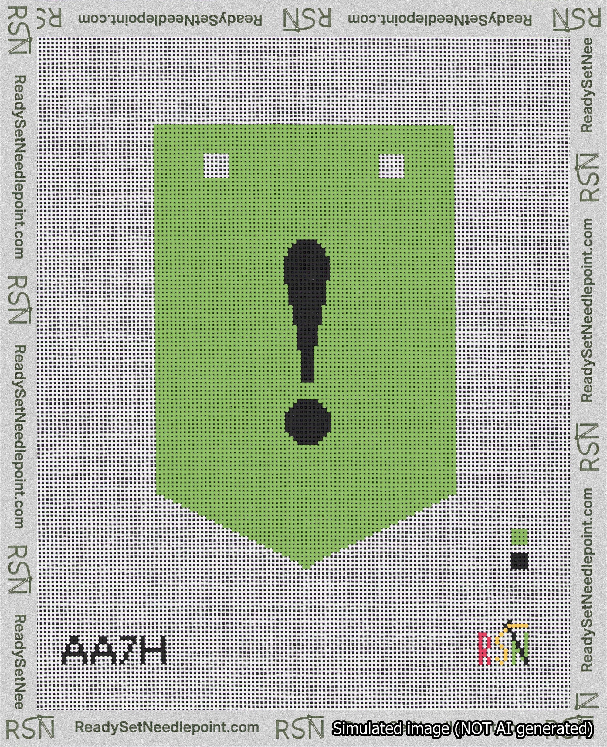 A taped needlepoint canvas with the design: Banner 18 mesh count Pointed Exclamation Black on Light Green.