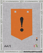 A taped needlepoint canvas with the design: Banner 18 mesh count Pointed Exclamation Black on Orange.