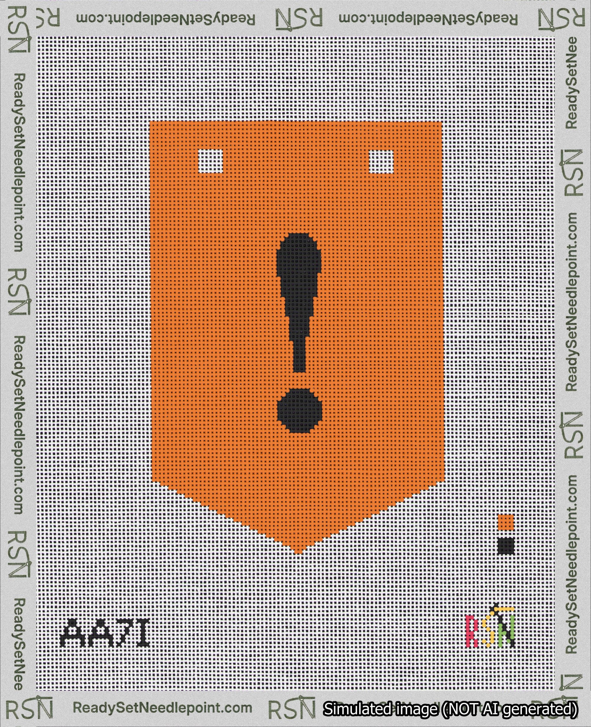 A taped needlepoint canvas with the design: Banner 18 mesh count Pointed Exclamation Black on Orange.