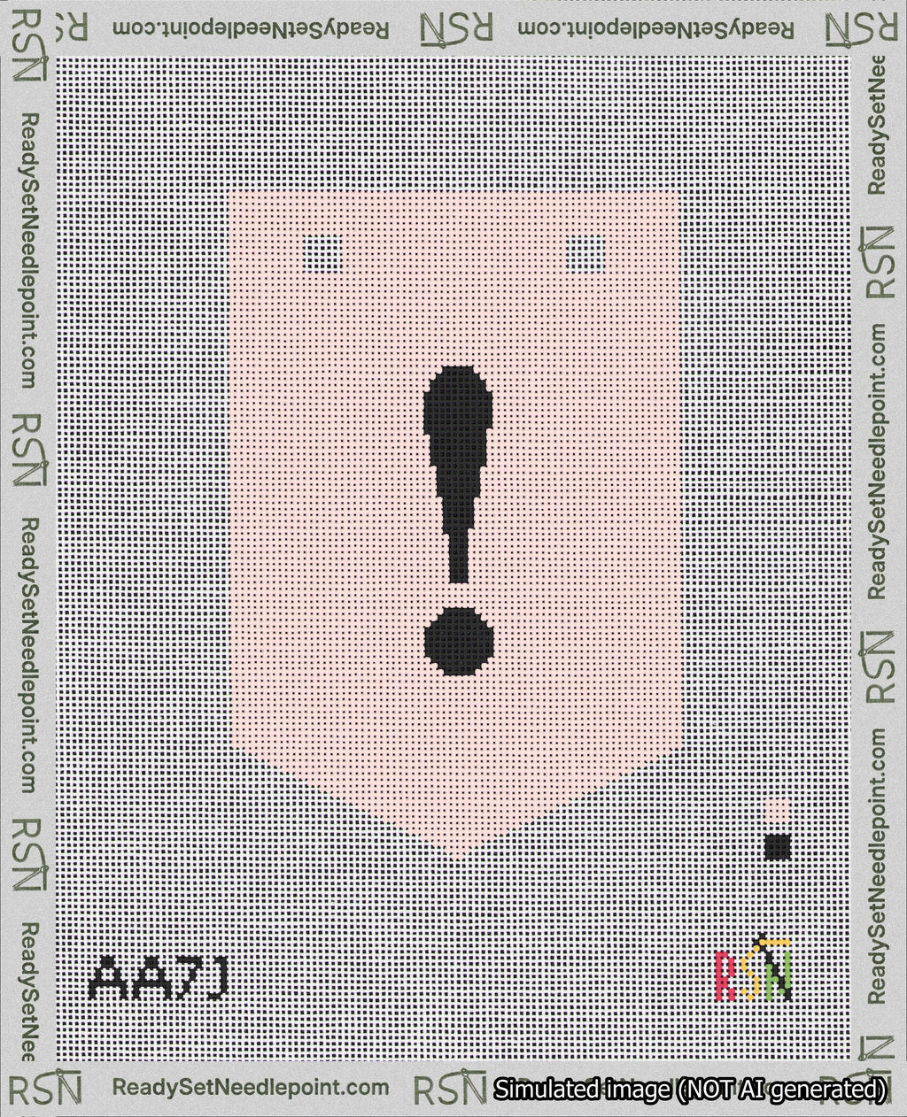 A taped needlepoint canvas with the design: Banner 18 mesh count Pointed Exclamation Black on Pink.