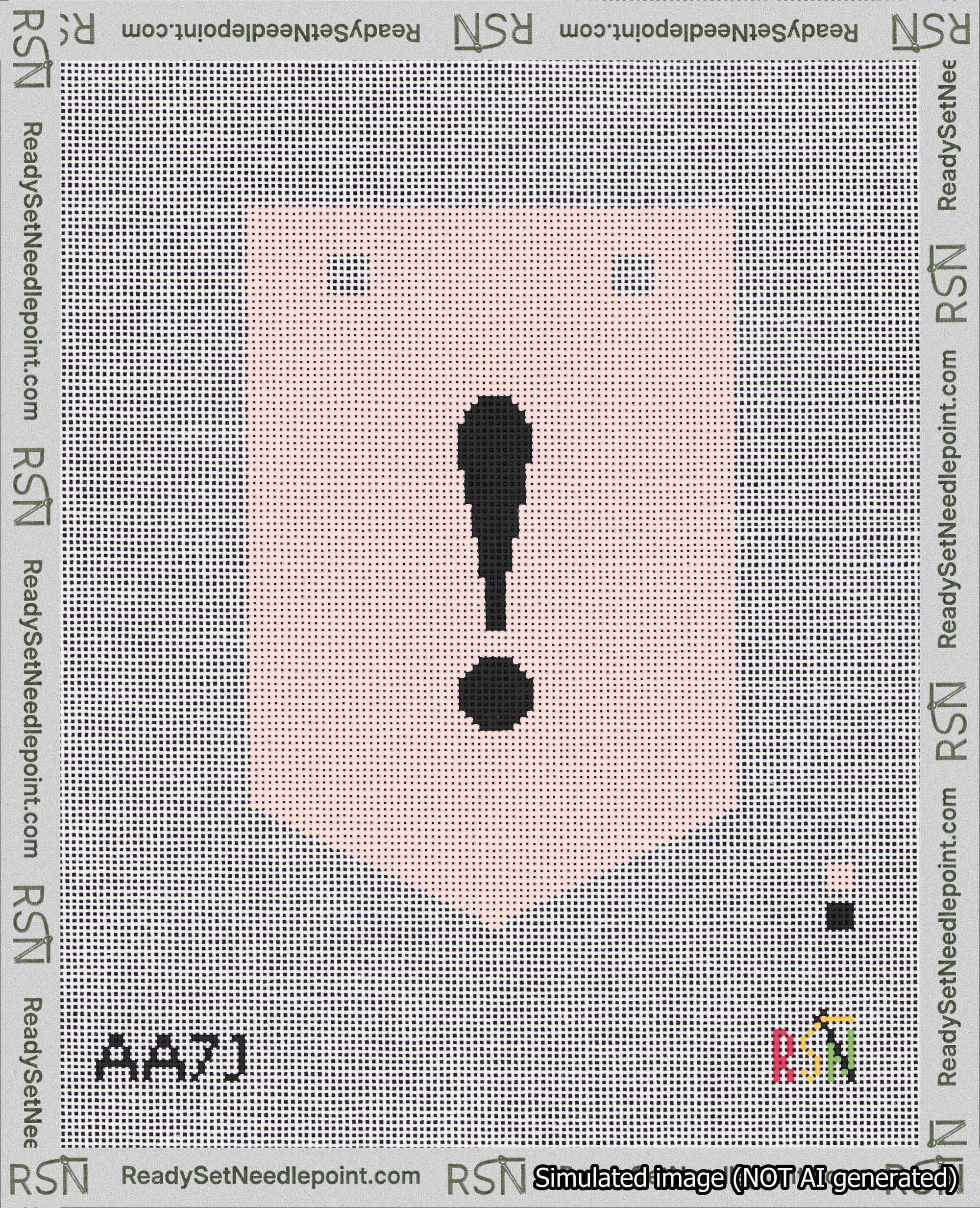 A taped needlepoint canvas with the design: Banner 18 mesh count Pointed Exclamation Black on Pink.