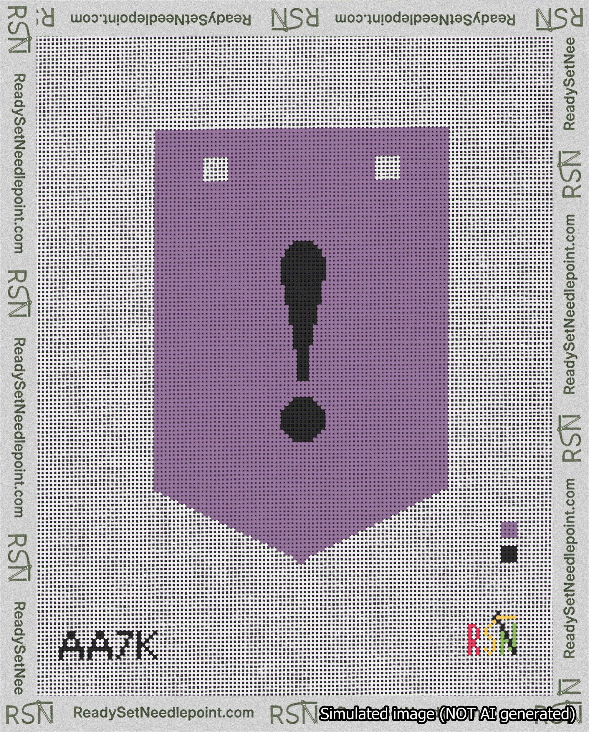 A taped needlepoint canvas with the design: Banner 18 mesh count Pointed Exclamation Black on Purple.